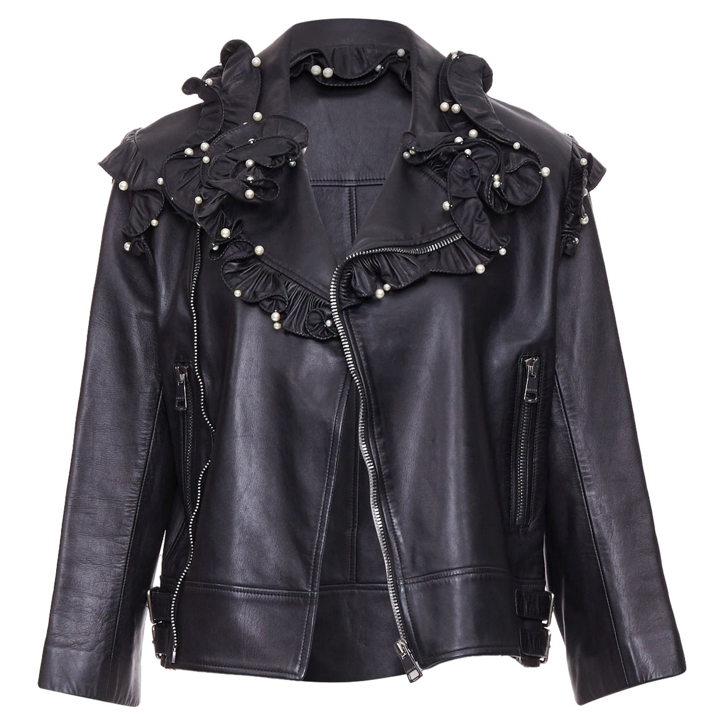 Women's Gucci black lambskin leather faux pearl ruffle collar jacket