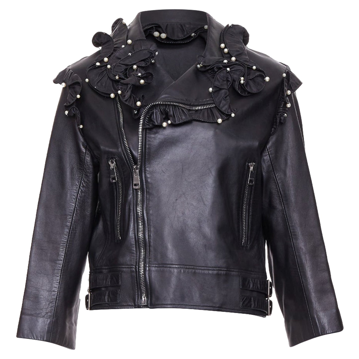 Women's Gucci black lambskin leather faux pearl ruffle collar jacket