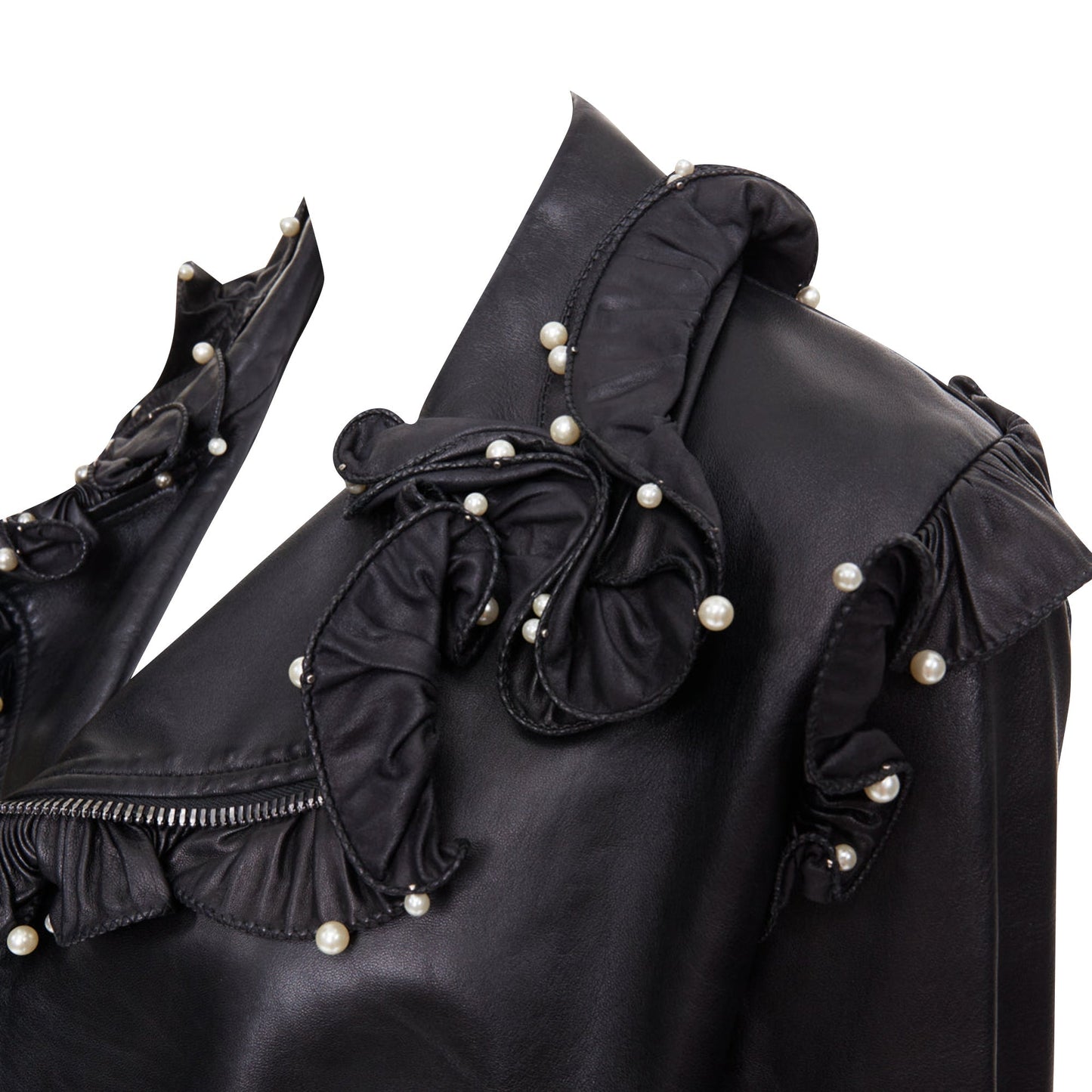 Women's Gucci black lambskin leather faux pearl ruffle collar jacket
