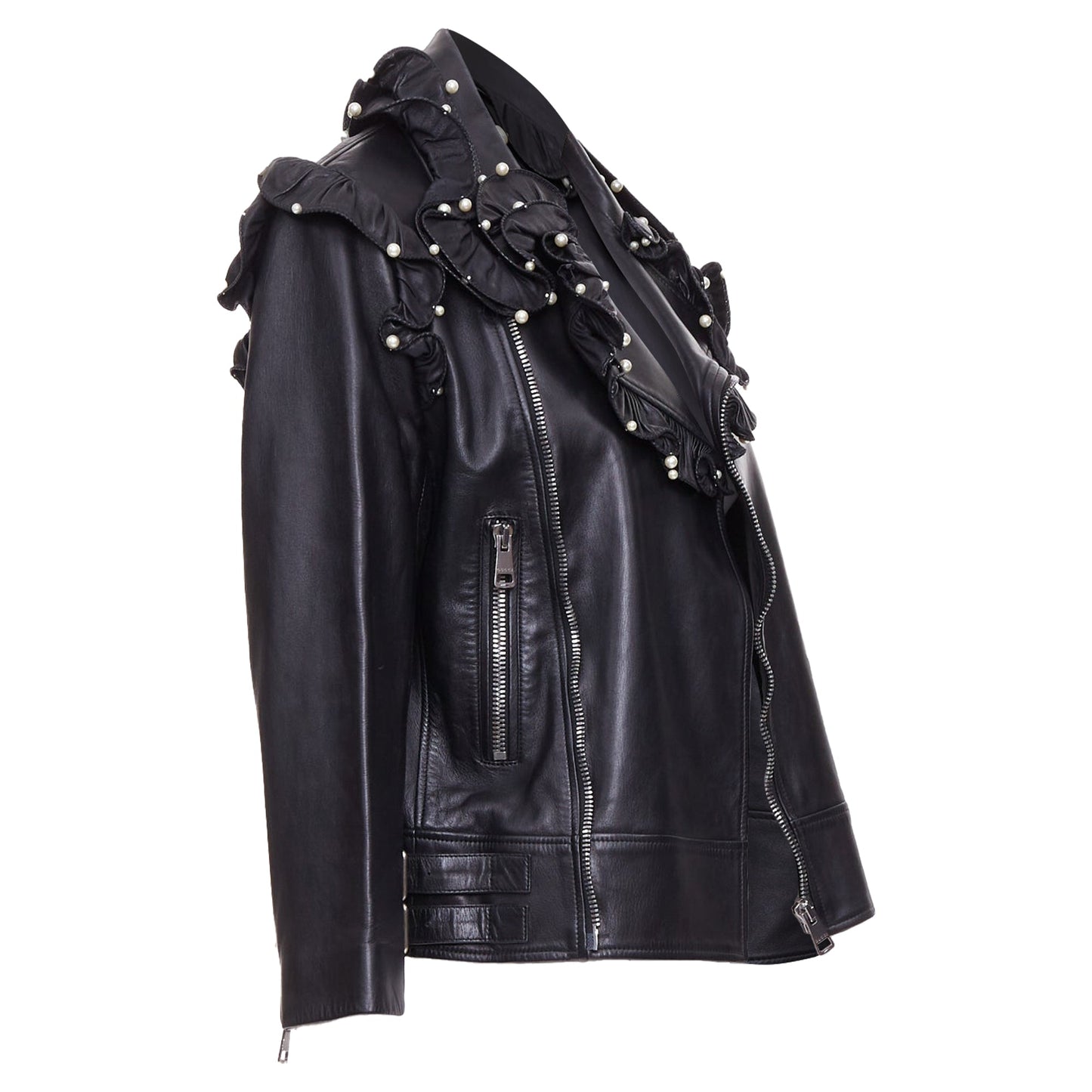 Women's Gucci black lambskin leather faux pearl ruffle collar jacket