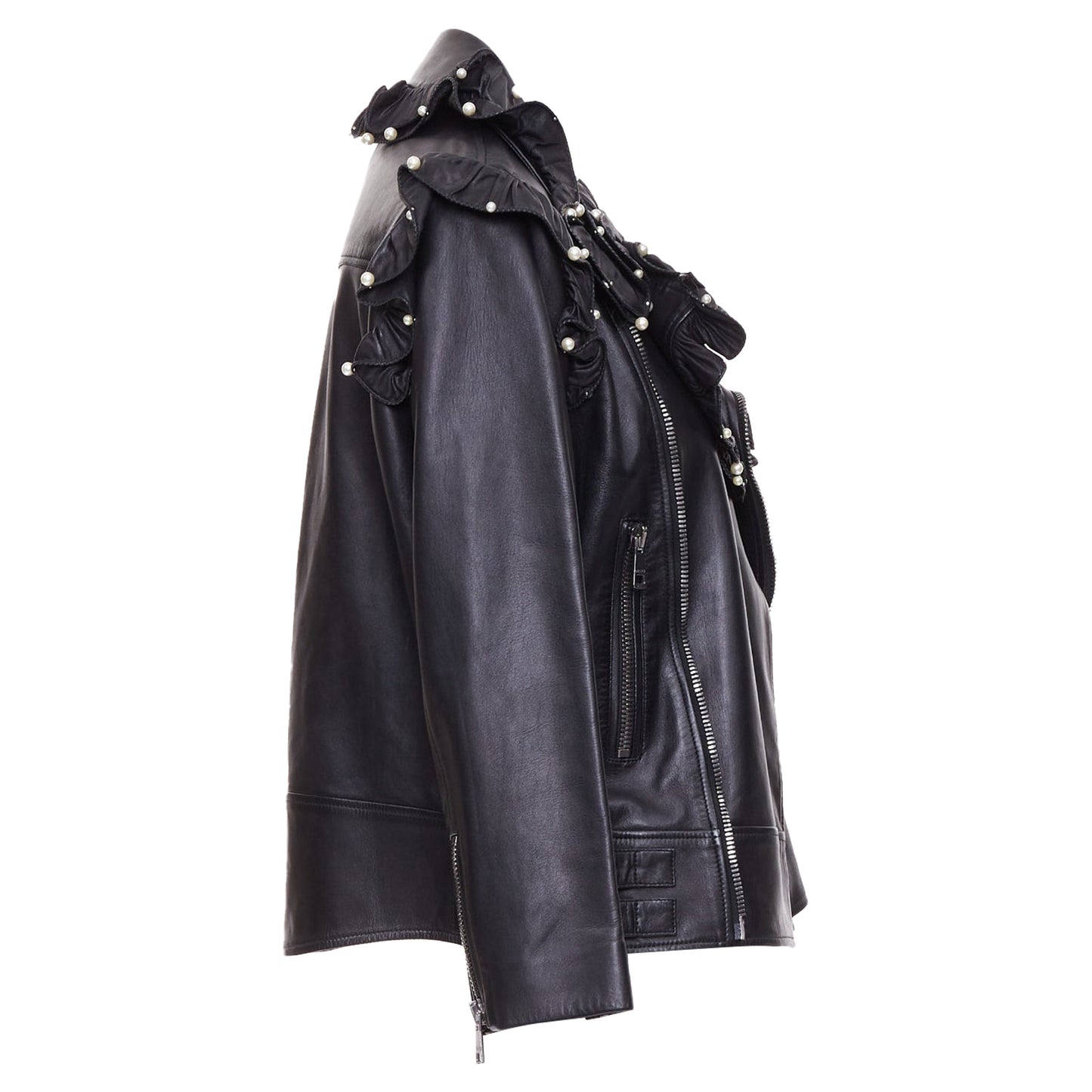 Women's Gucci black lambskin leather faux pearl ruffle collar jacket