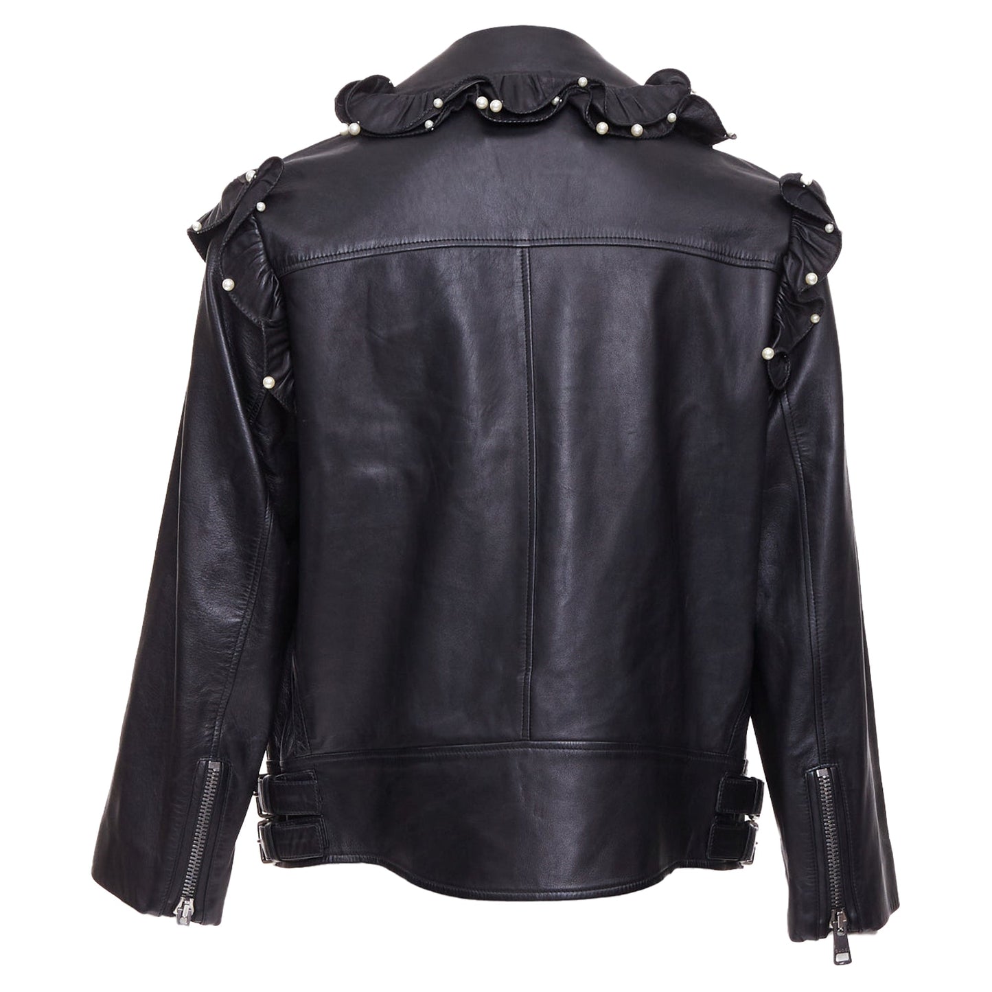 Women's Gucci black lambskin leather faux pearl ruffle collar jacket