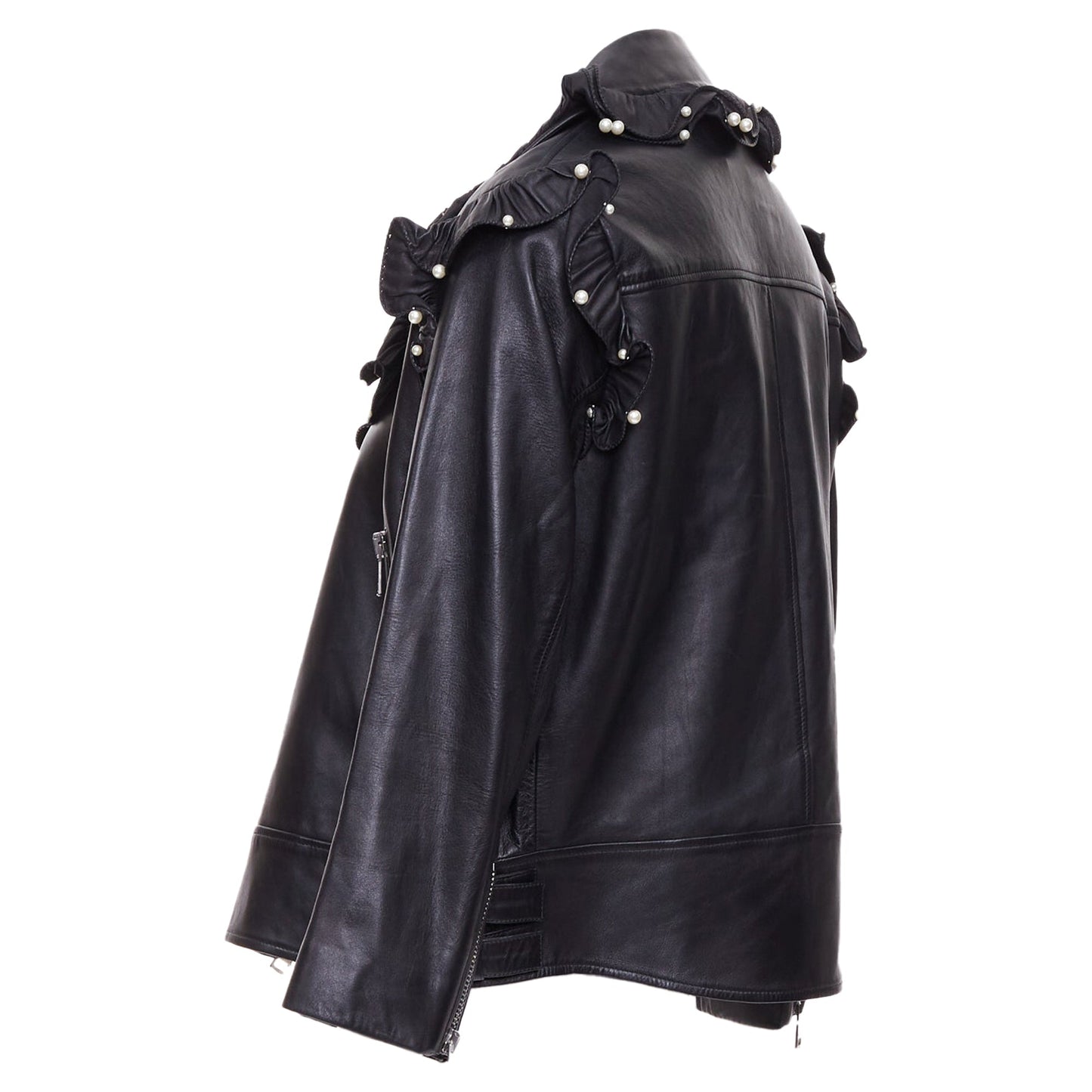 Women's Gucci black lambskin leather faux pearl ruffle collar jacket