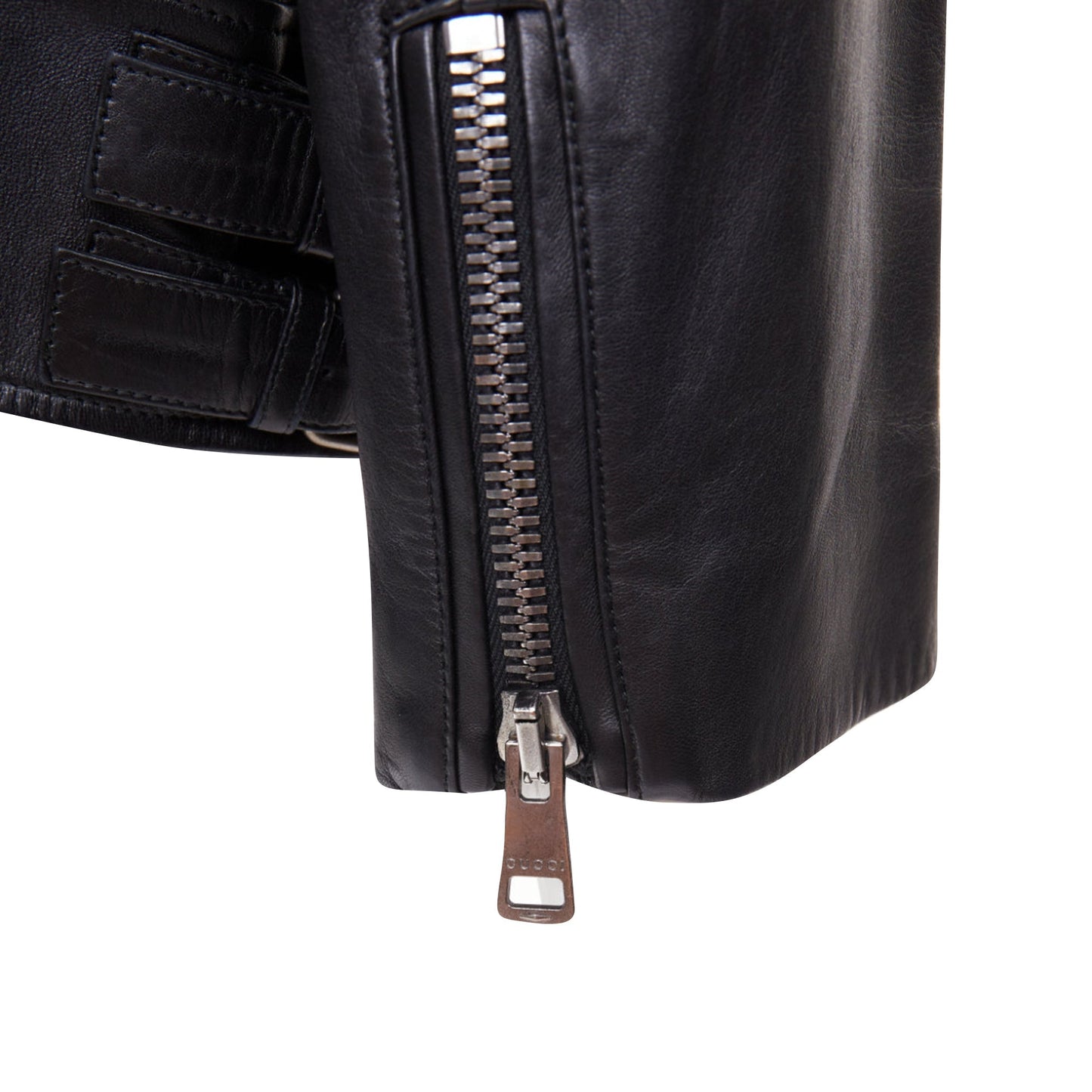 Women's Gucci black lambskin leather faux pearl ruffle collar jacket