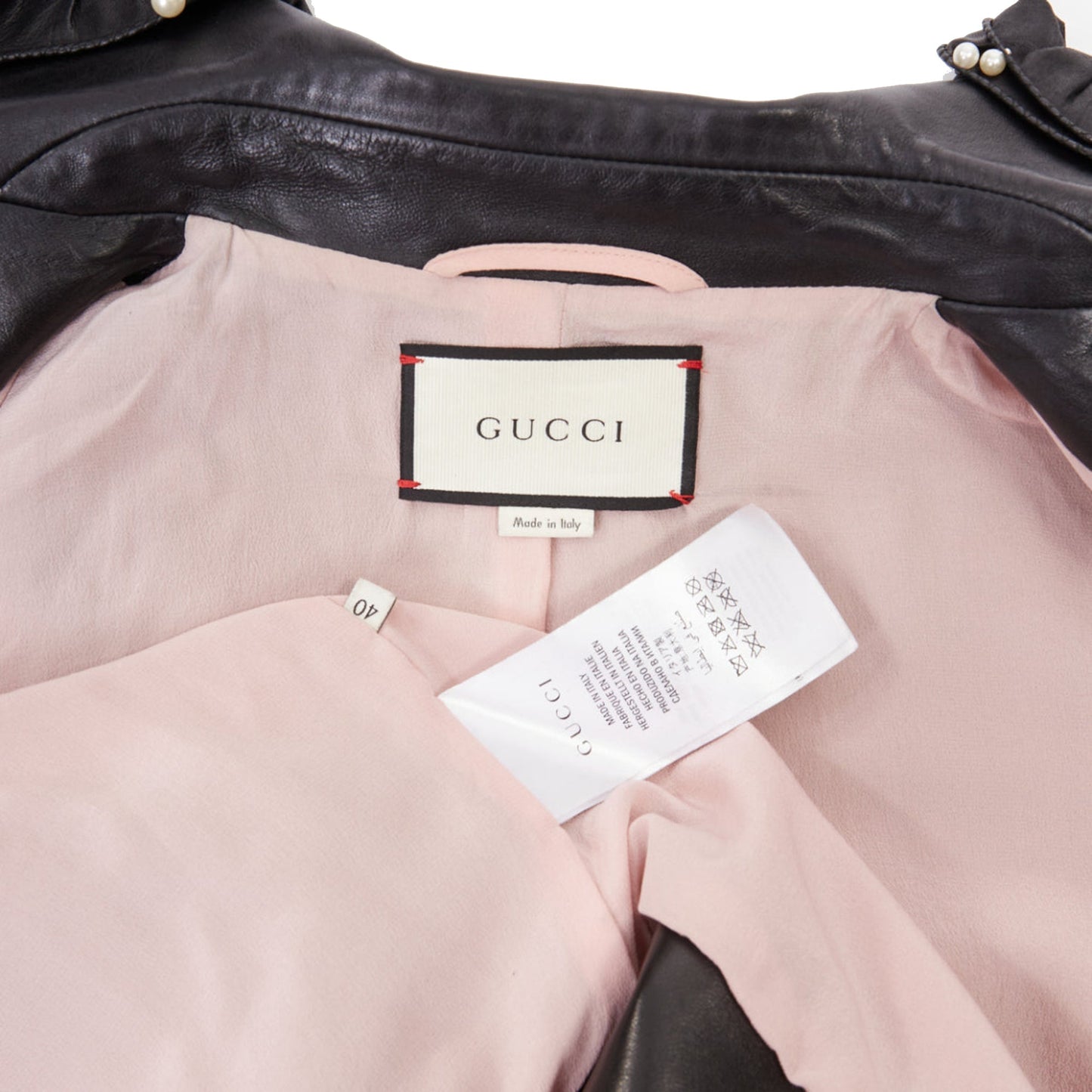 Women's Gucci black lambskin leather faux pearl ruffle collar jacket