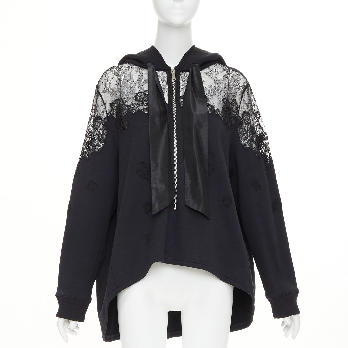 Women's Valentino black cotton sheer lace panel half zip hoodie