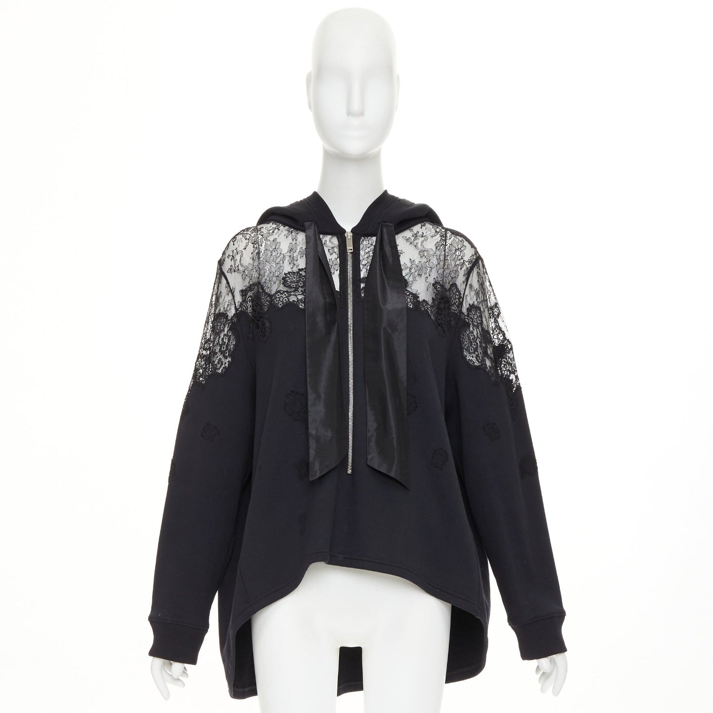 Women's Valentino black cotton sheer lace panel half zip hoodie
