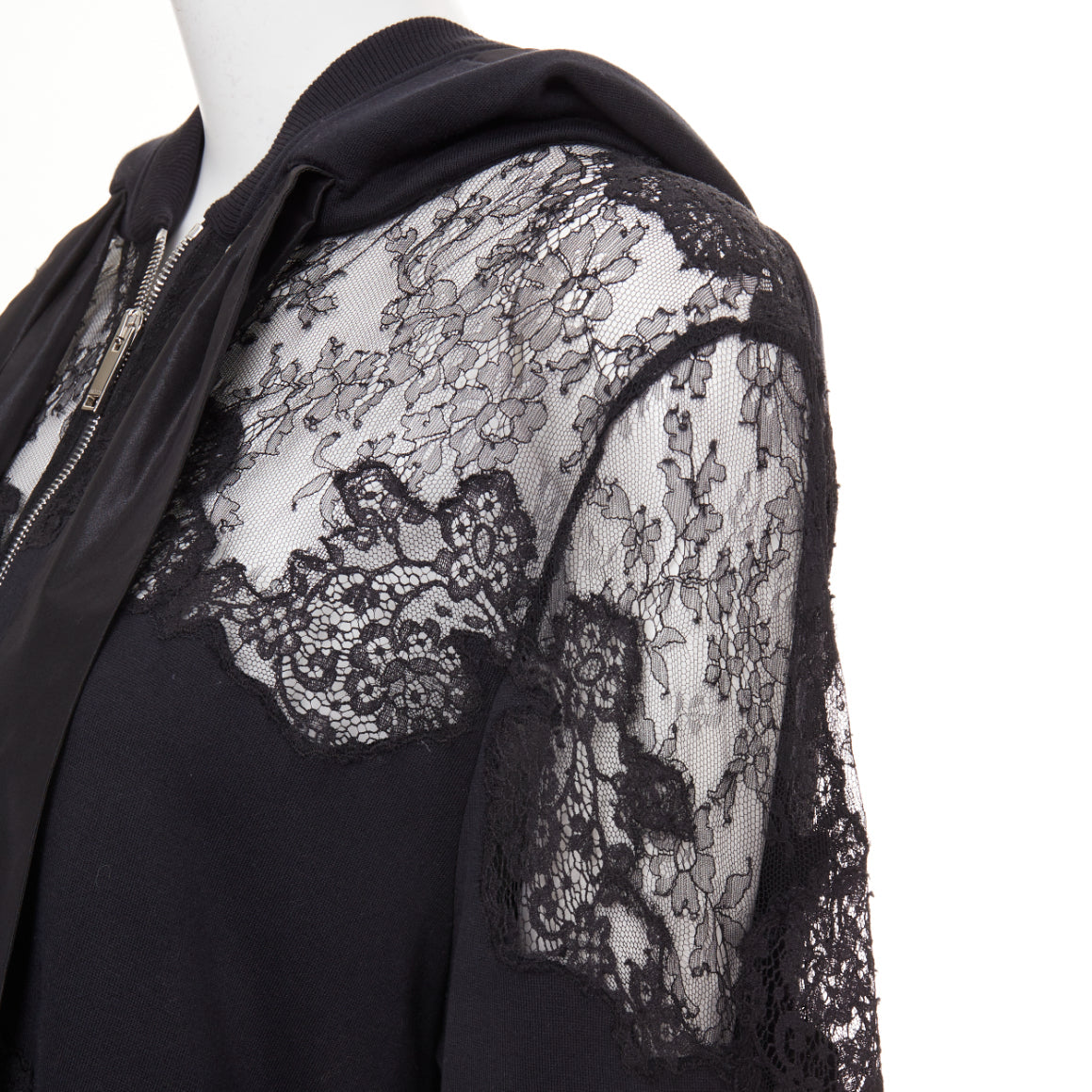 Women's Valentino black cotton sheer lace panel half zip hoodie