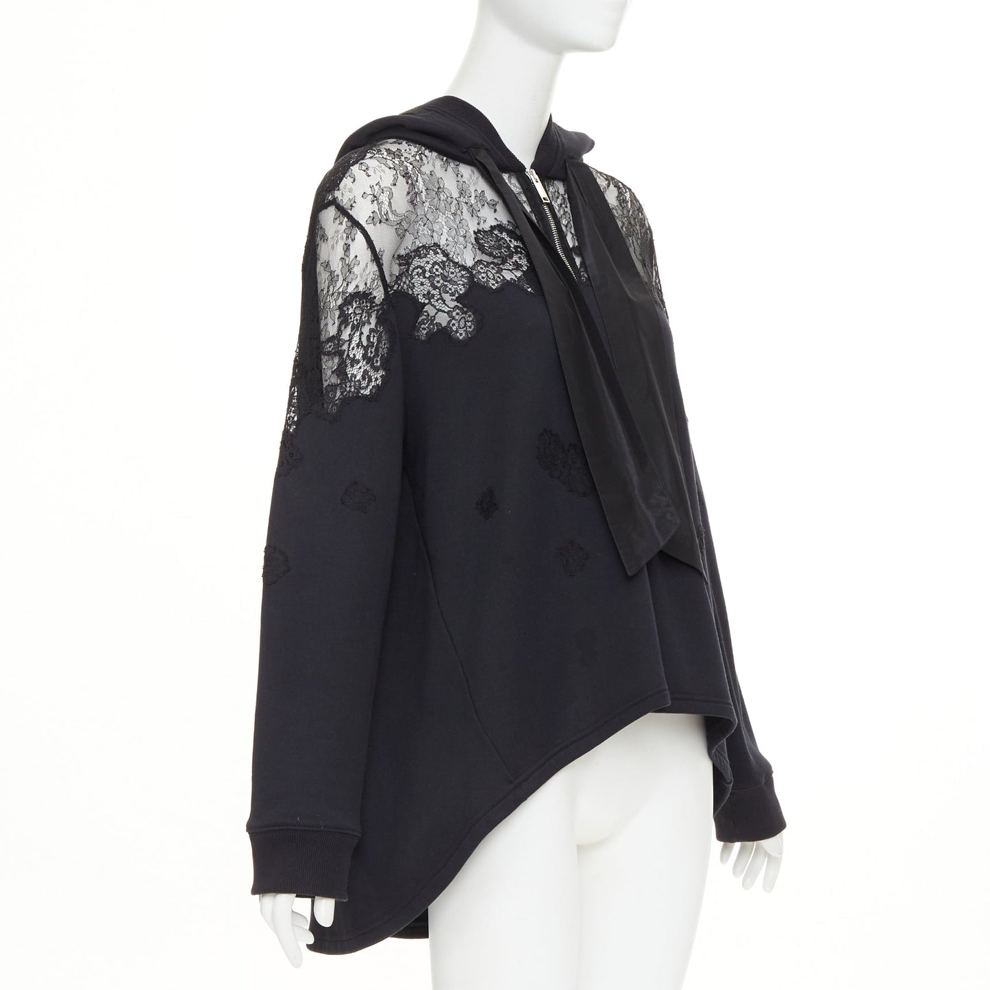 Women's Valentino black cotton sheer lace panel half zip hoodie
