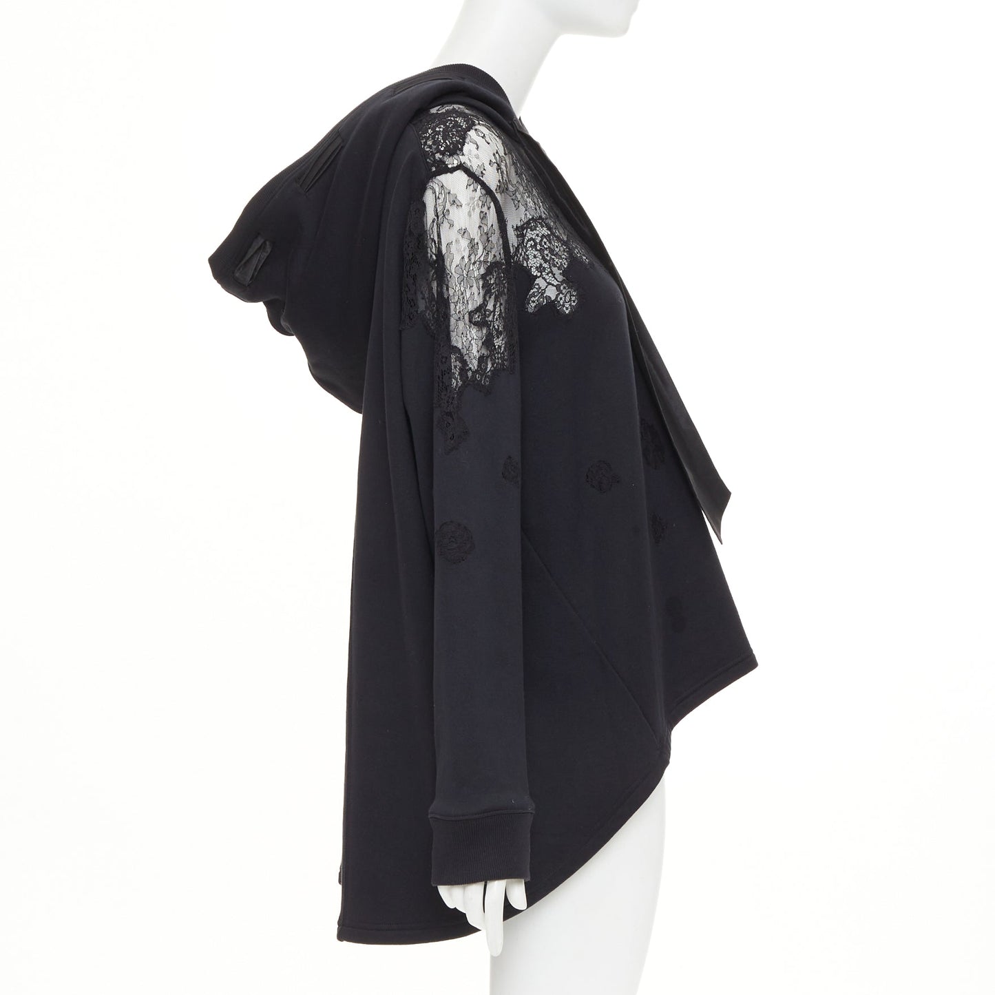 Women's Valentino black cotton sheer lace panel half zip hoodie