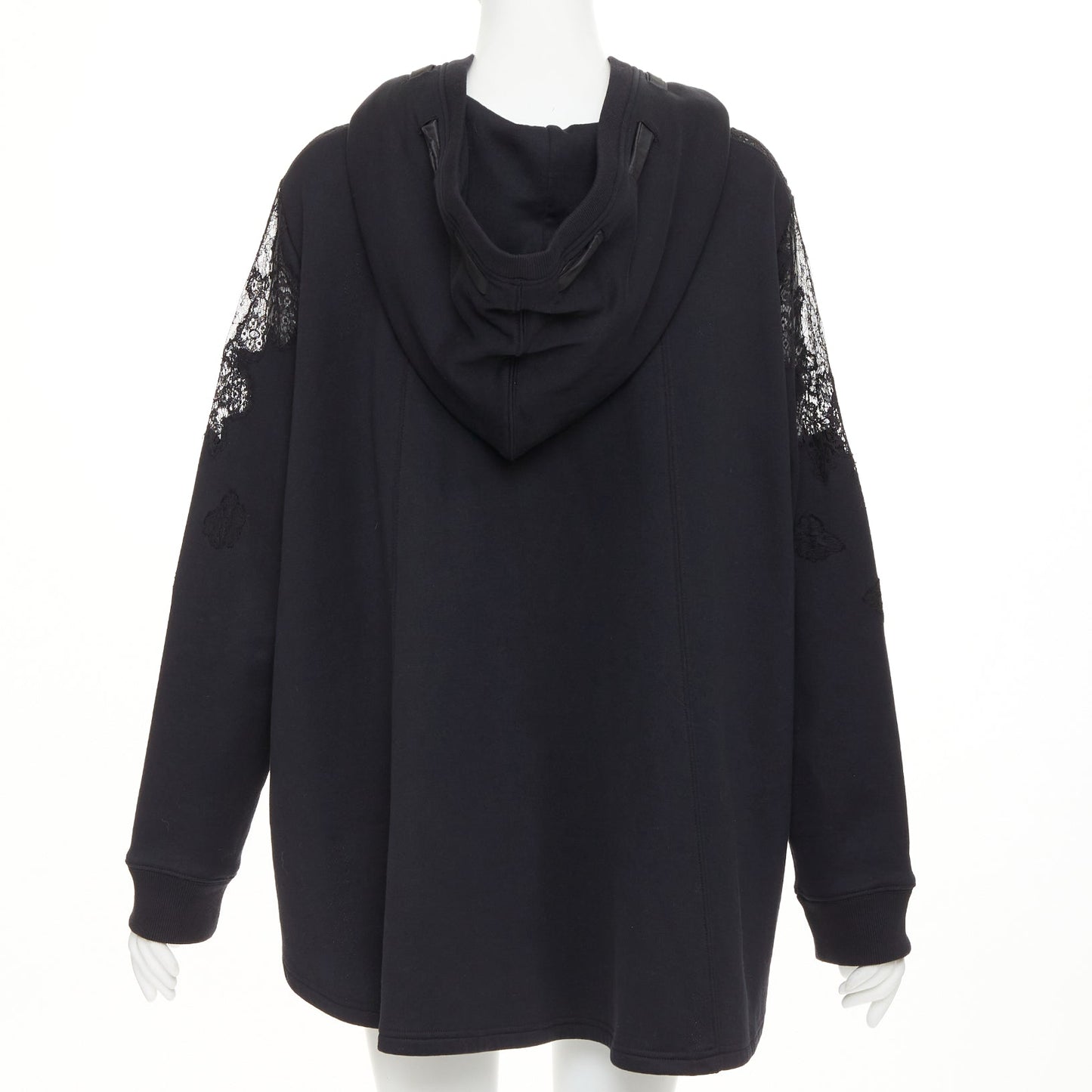 Women's Valentino black cotton sheer lace panel half zip hoodie