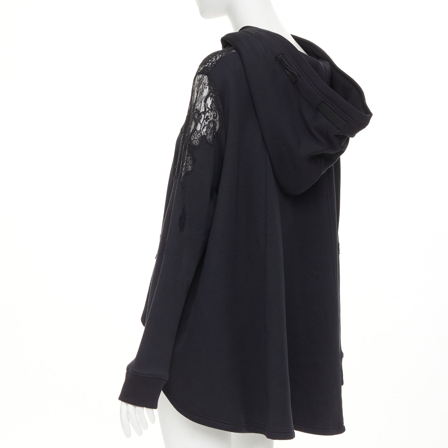 Women's Valentino black cotton sheer lace panel half zip hoodie