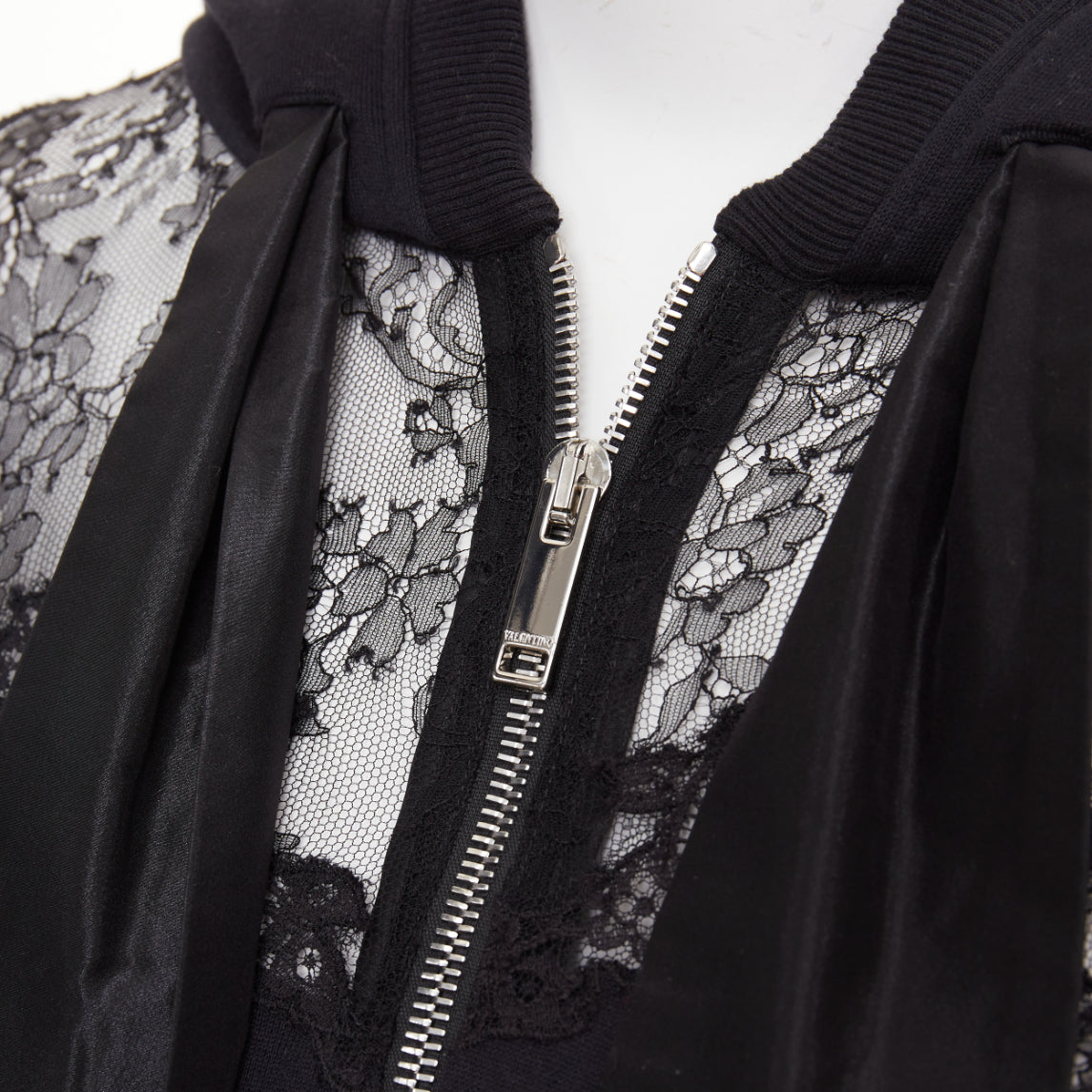 Women's Valentino black cotton sheer lace panel half zip hoodie