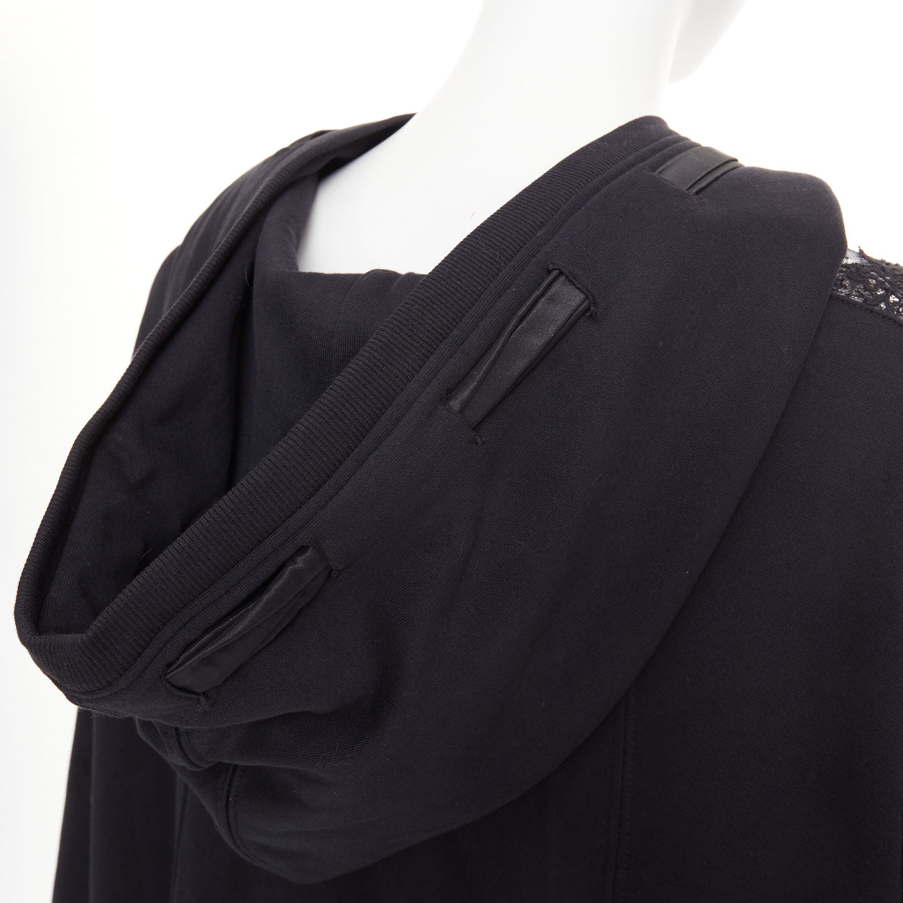 Women's Valentino black cotton sheer lace panel half zip hoodie