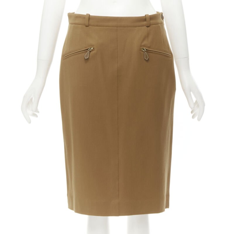 Women's Hermes brown wool blend leather Sellier pocket pencil skirt