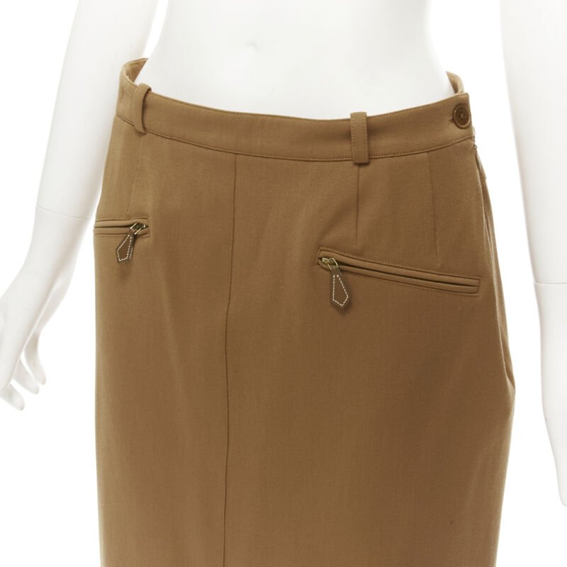 Women's Hermes brown wool blend leather Sellier pocket pencil skirt