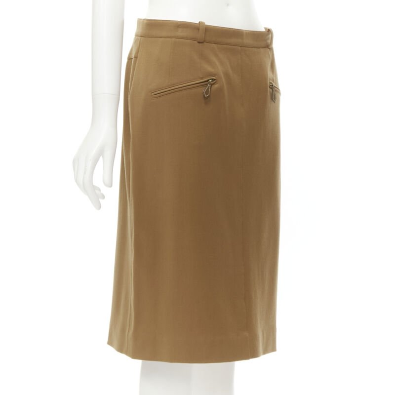 Women's Hermes brown wool blend leather Sellier pocket pencil skirt