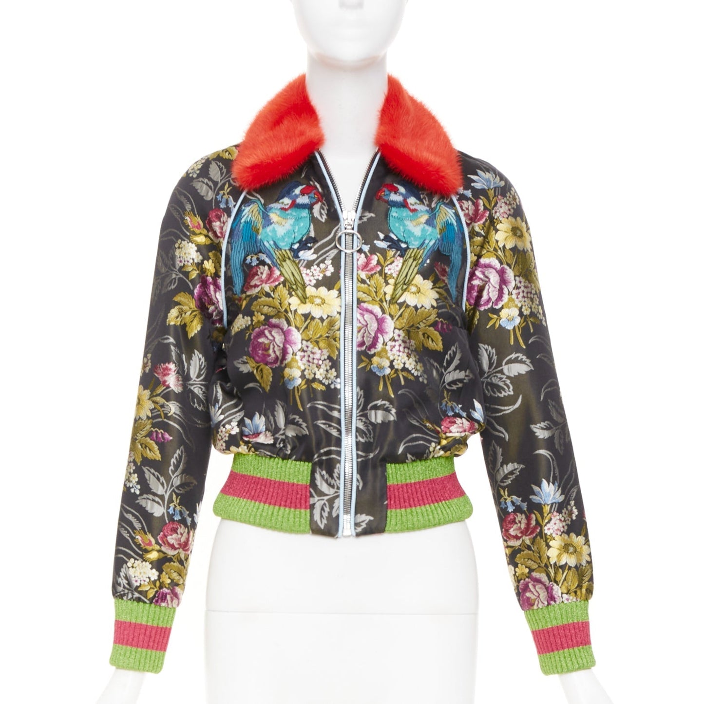 Women's Gucci floral jacquard mink fur collar bomber jacket