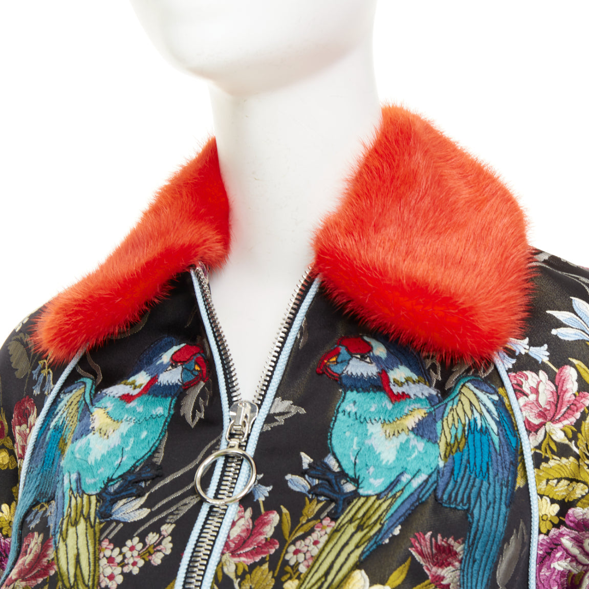 Women's Gucci floral jacquard mink fur collar bomber jacket