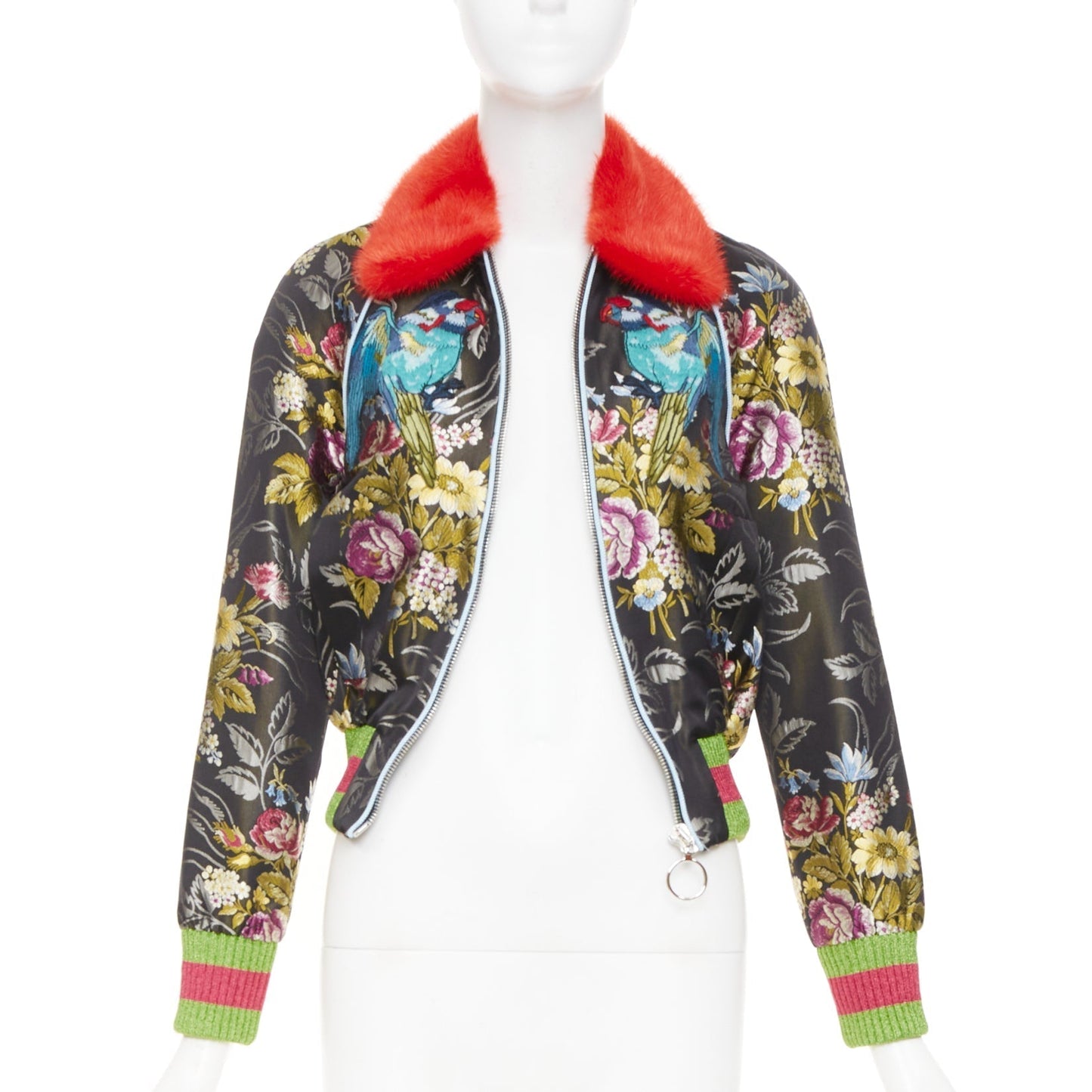 Women's Gucci floral jacquard mink fur collar bomber jacket
