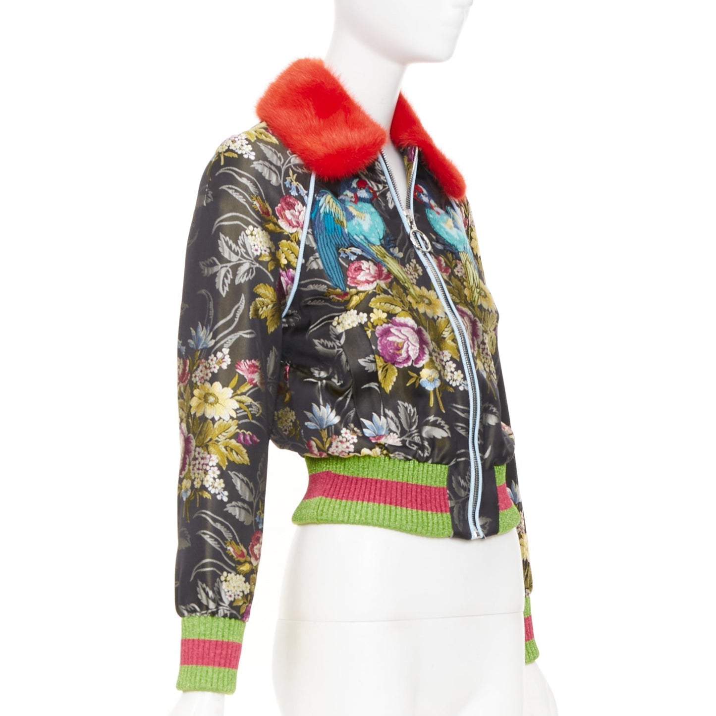 Women's Gucci floral jacquard mink fur collar bomber jacket