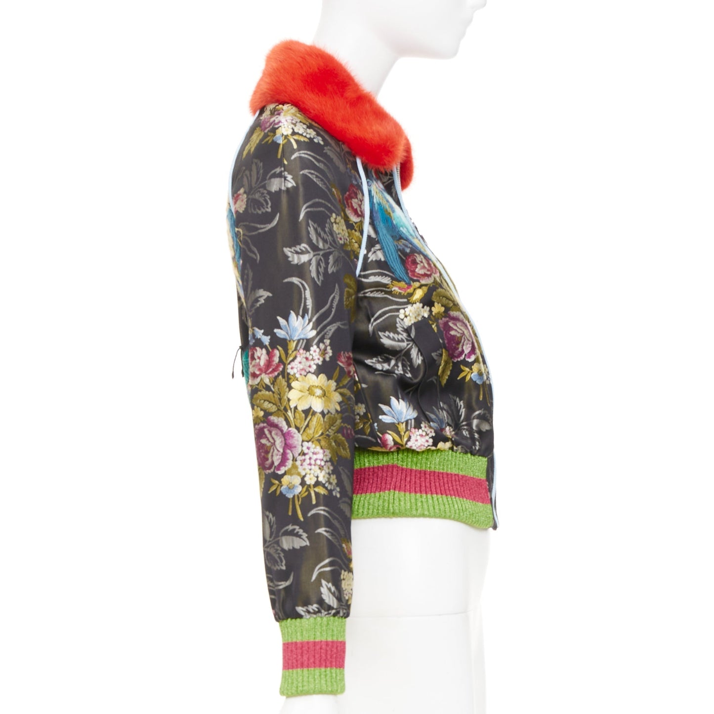 Women's Gucci floral jacquard mink fur collar bomber jacket