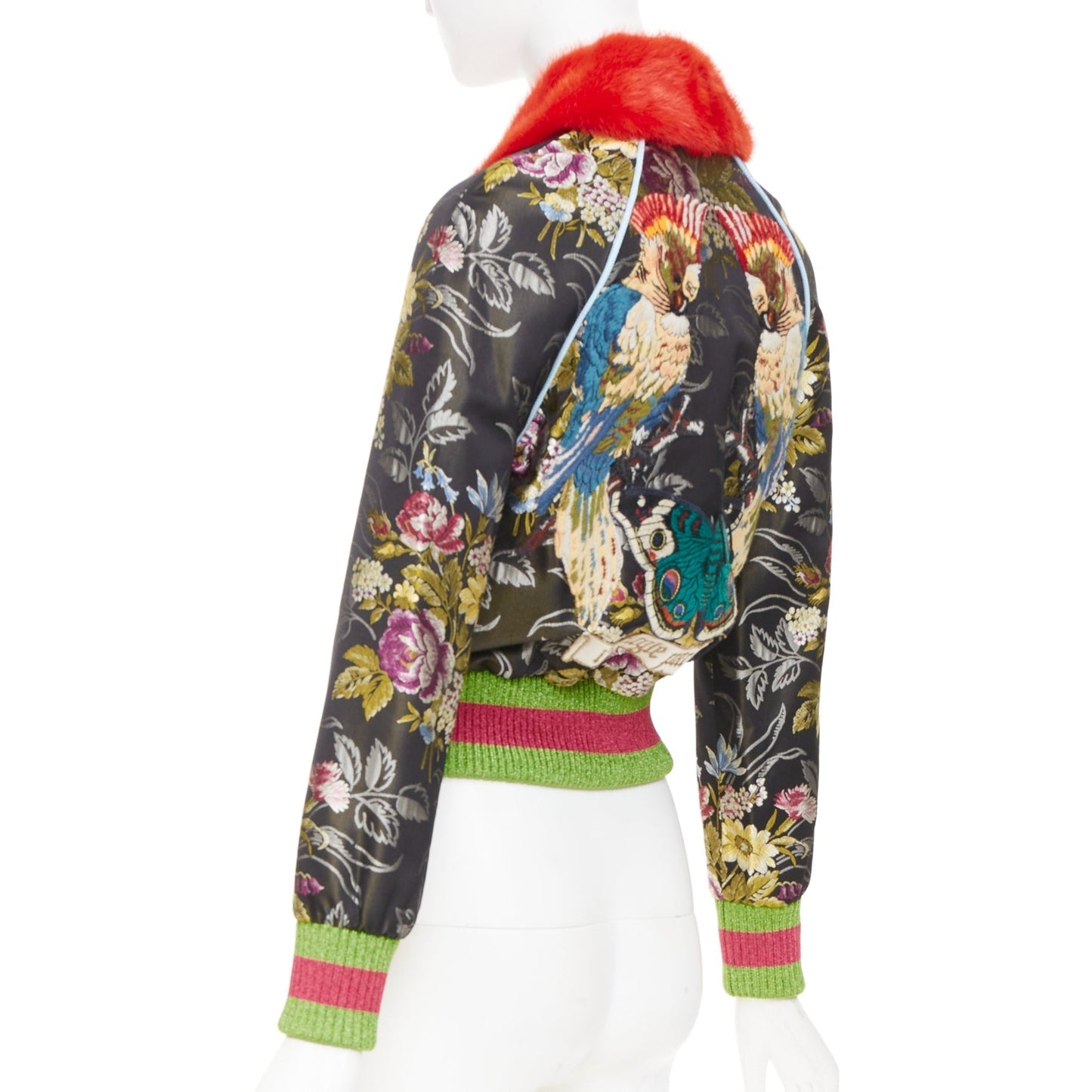 Women's Gucci floral jacquard mink fur collar bomber jacket
