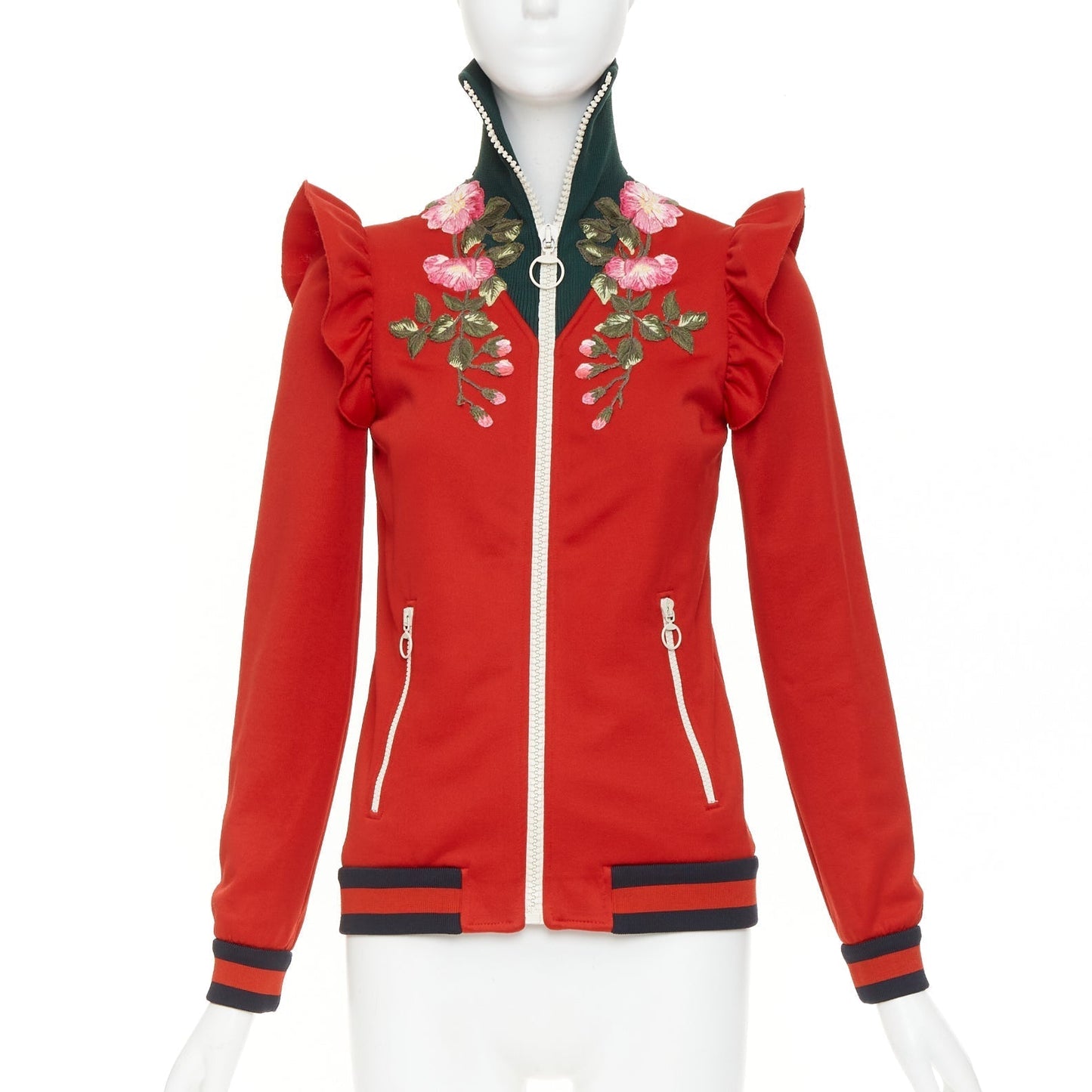 Women's Gucci red pink flower embroidery applique web trim track jacket