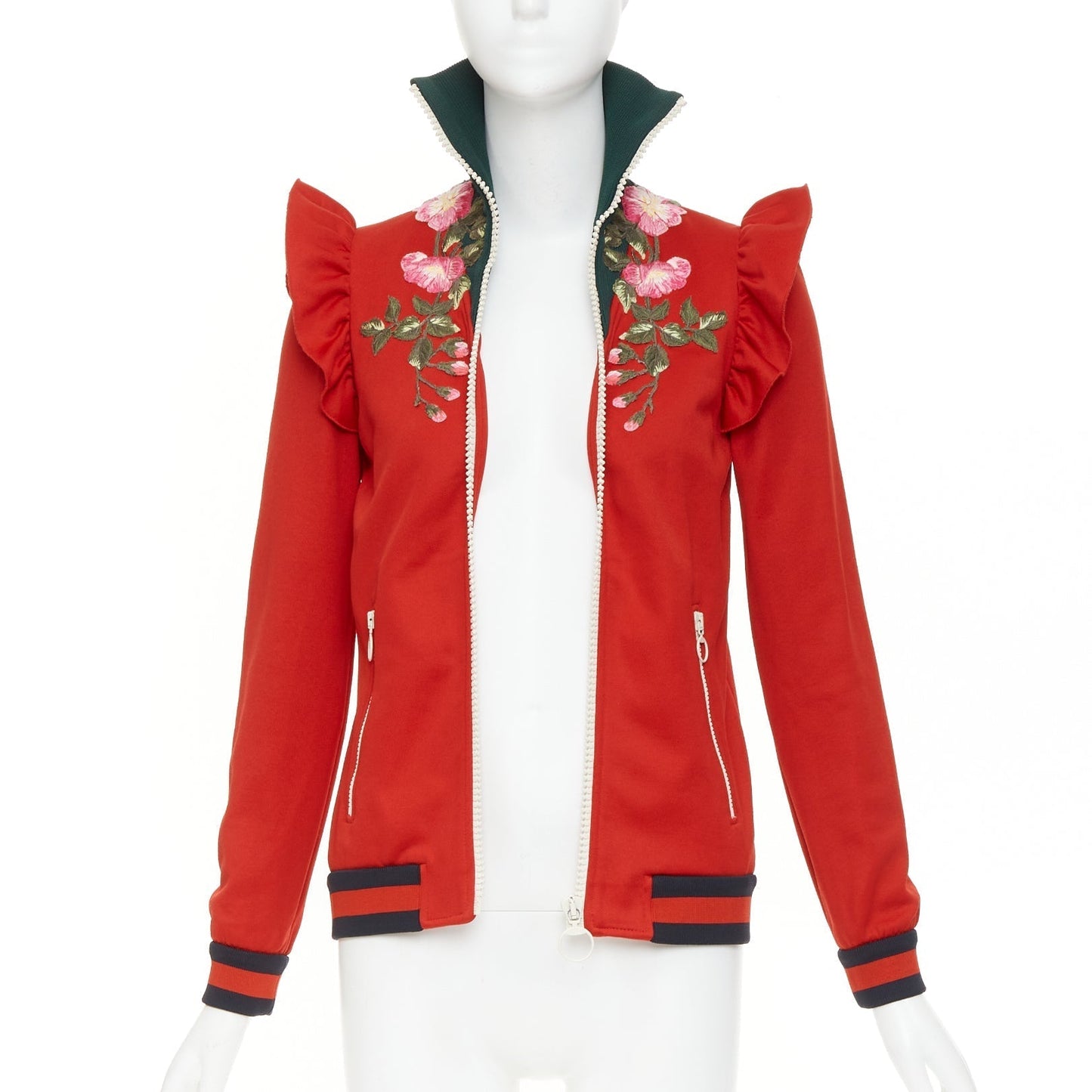 Women's Gucci red pink flower embroidery applique web trim track jacket