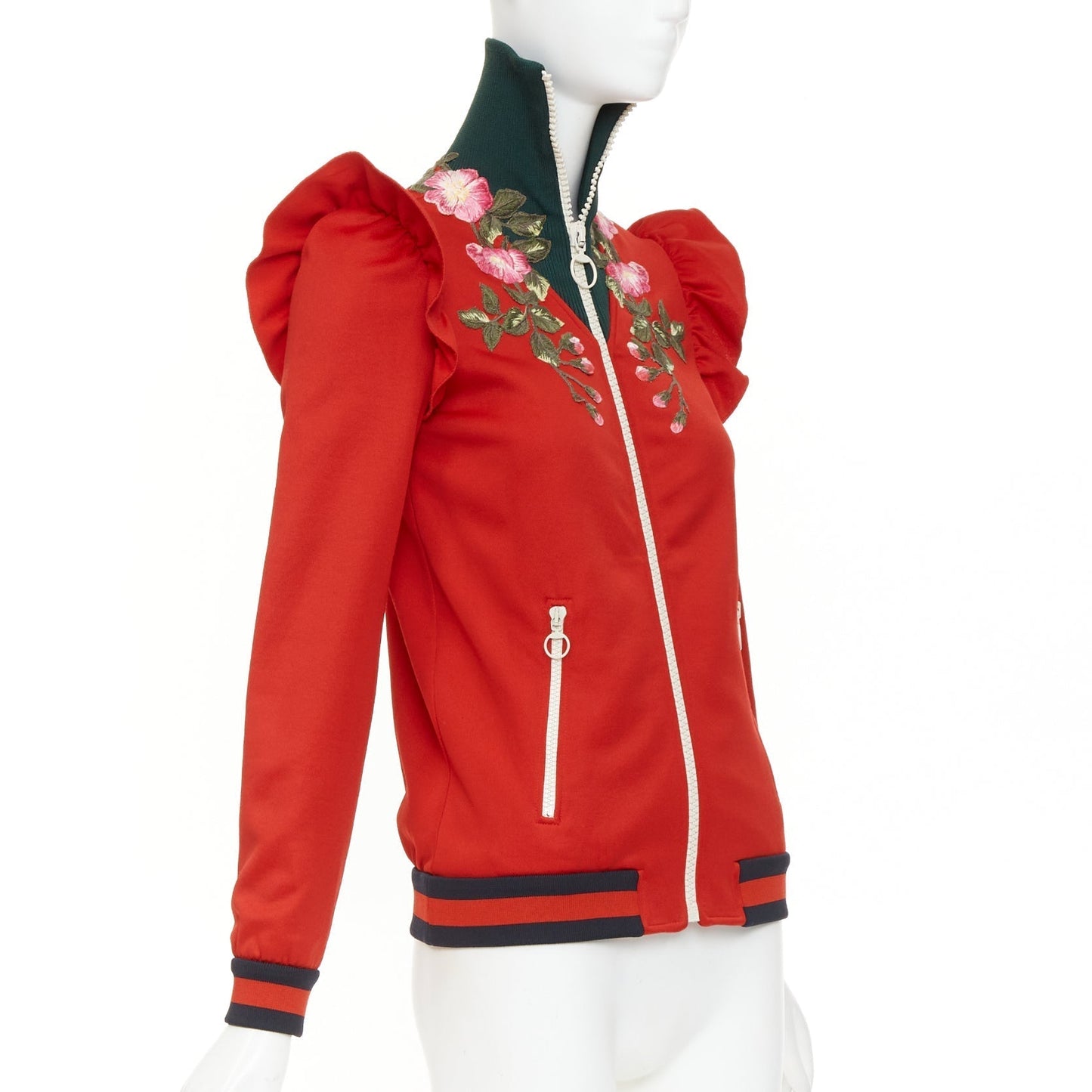 Women's Gucci red pink flower embroidery applique web trim track jacket
