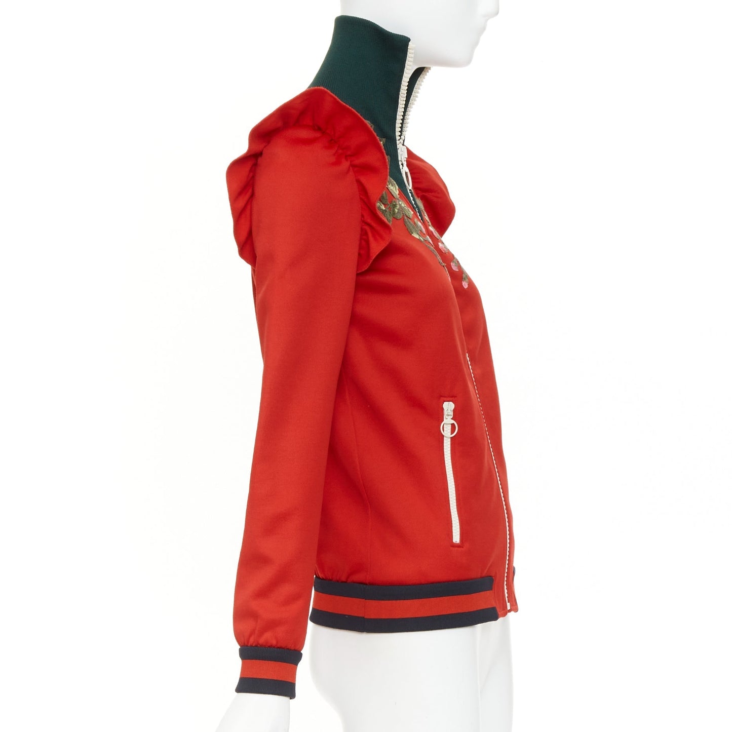 Women's Gucci red pink flower embroidery applique web trim track jacket