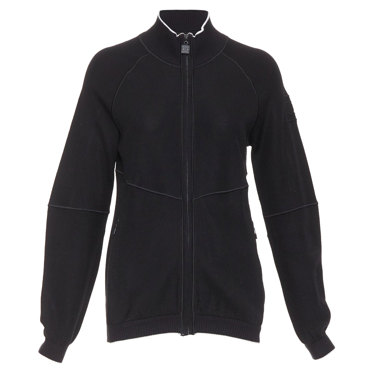 Women's Chanel Sports black technical knit embroidered logo zip up jacket