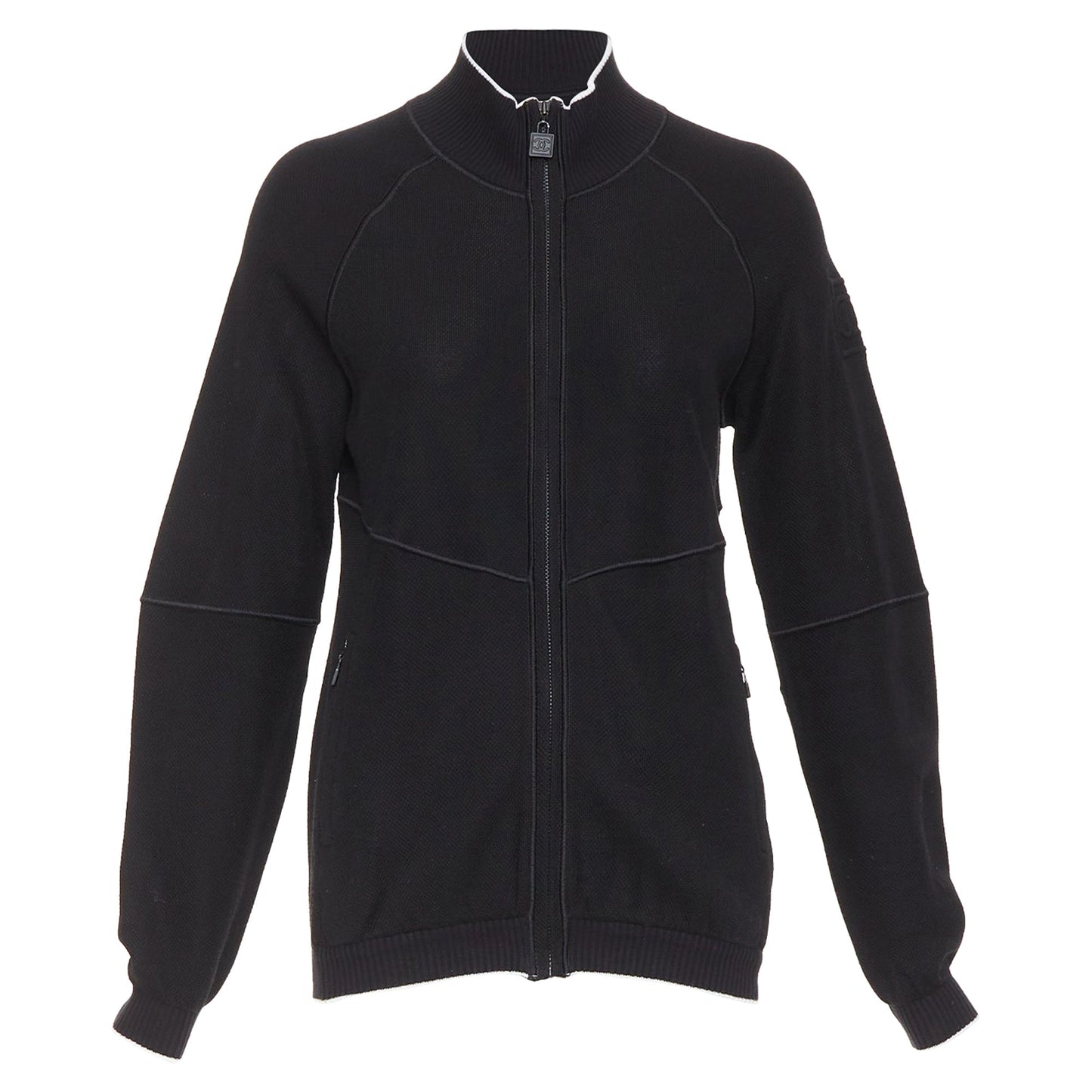 Women's Chanel Sports black technical knit embroidered logo zip up jacket