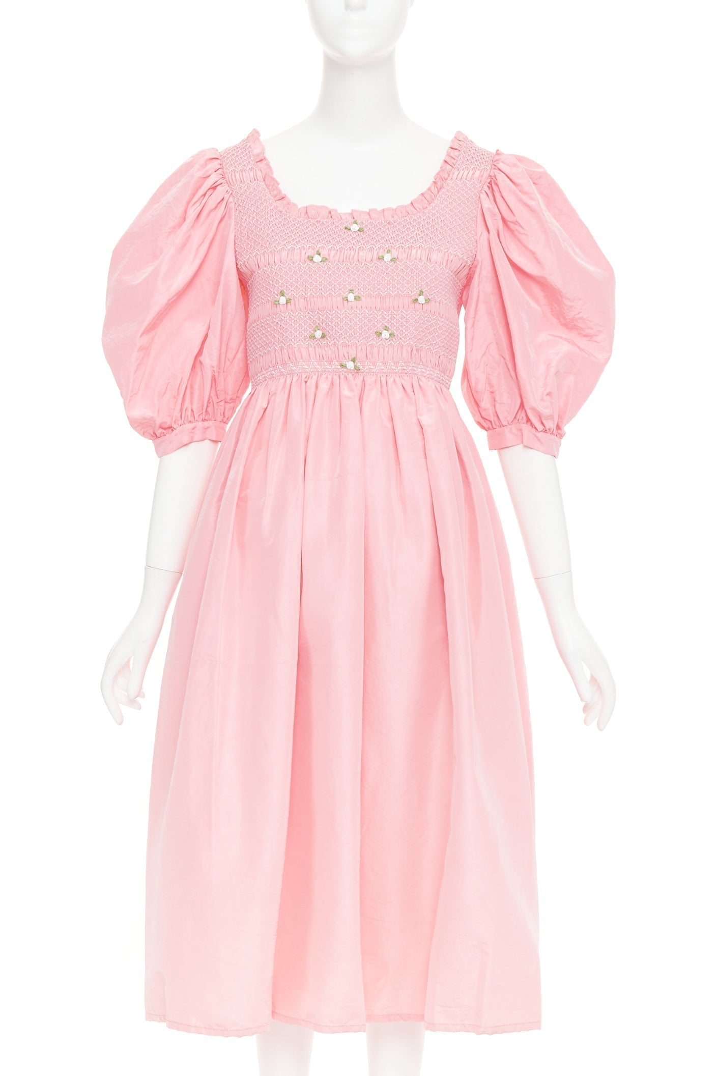 Women's Miu Miu pink silk white flower embroidered smocked dress