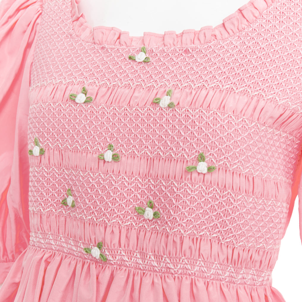 Women's Miu Miu pink silk white flower embroidered smocked dress