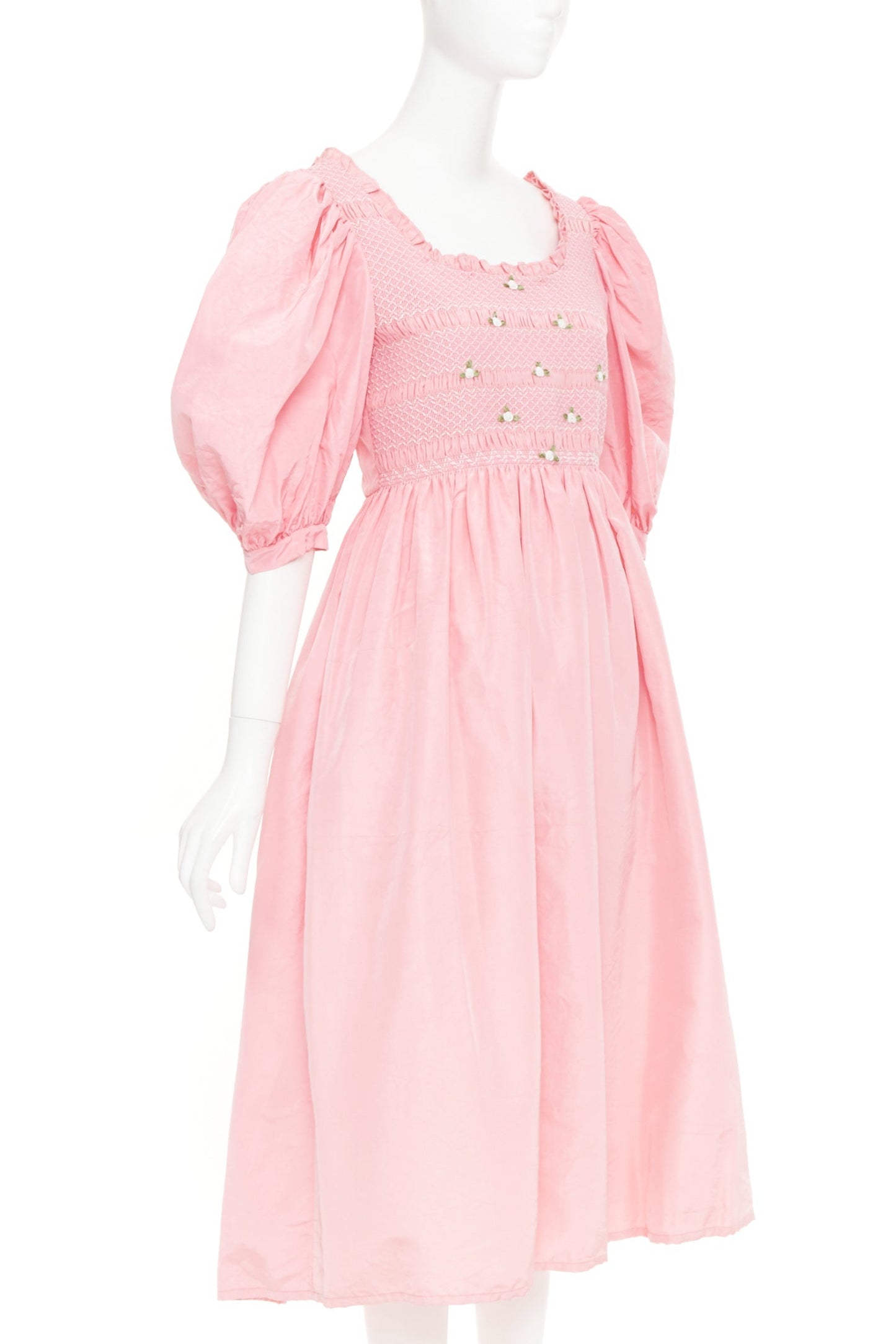 Women's Miu Miu pink silk white flower embroidered smocked dress