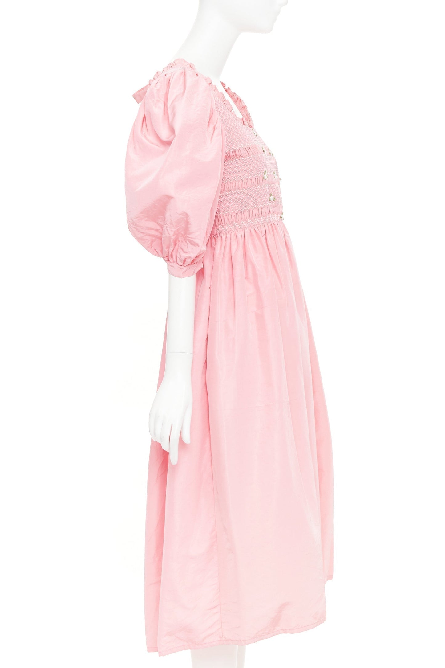 Women's Miu Miu pink silk white flower embroidered smocked dress