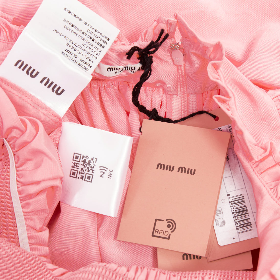 Women's Miu Miu pink silk white flower embroidered smocked dress