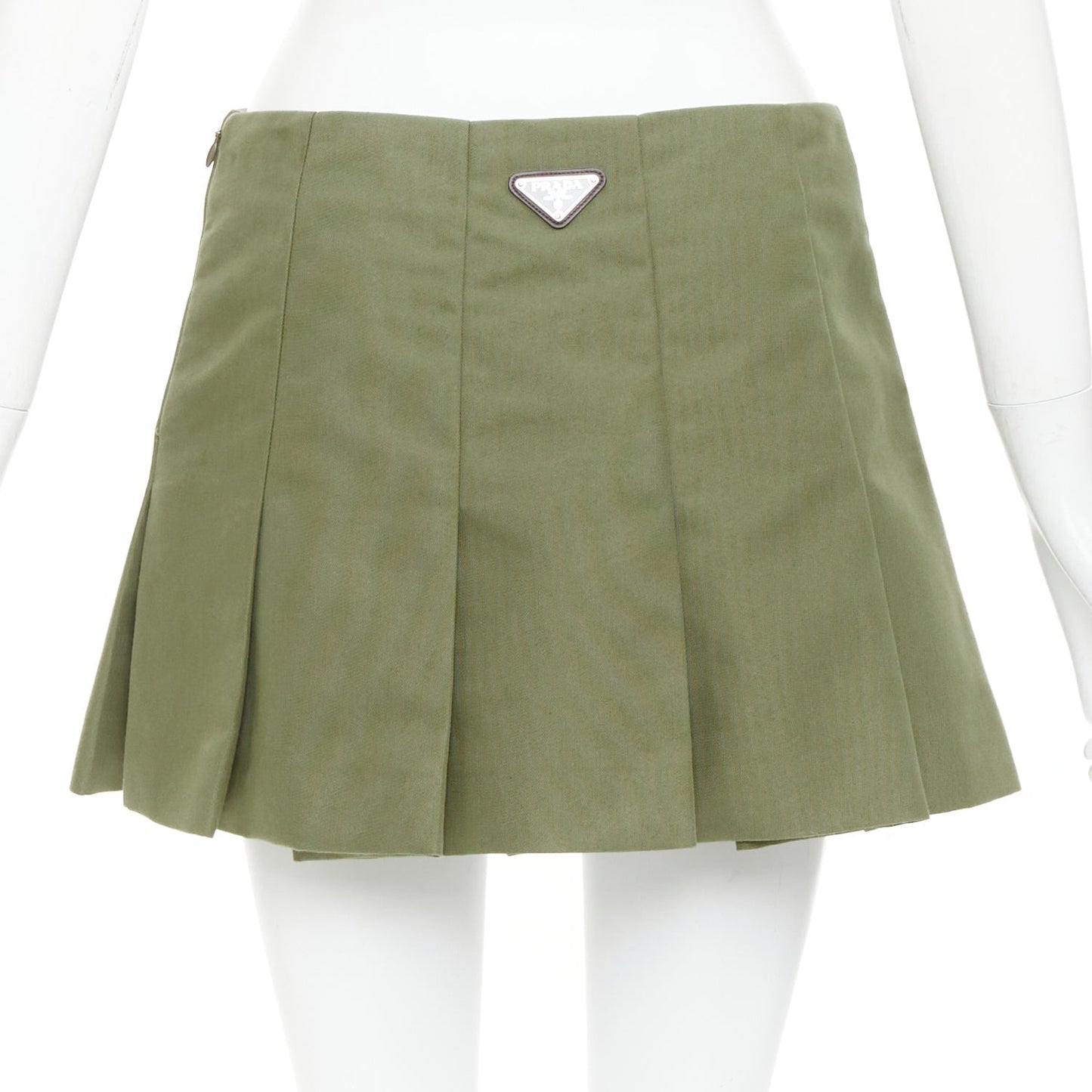 Women's Prada khaki green nylon canvas triangle logo pleated skirt