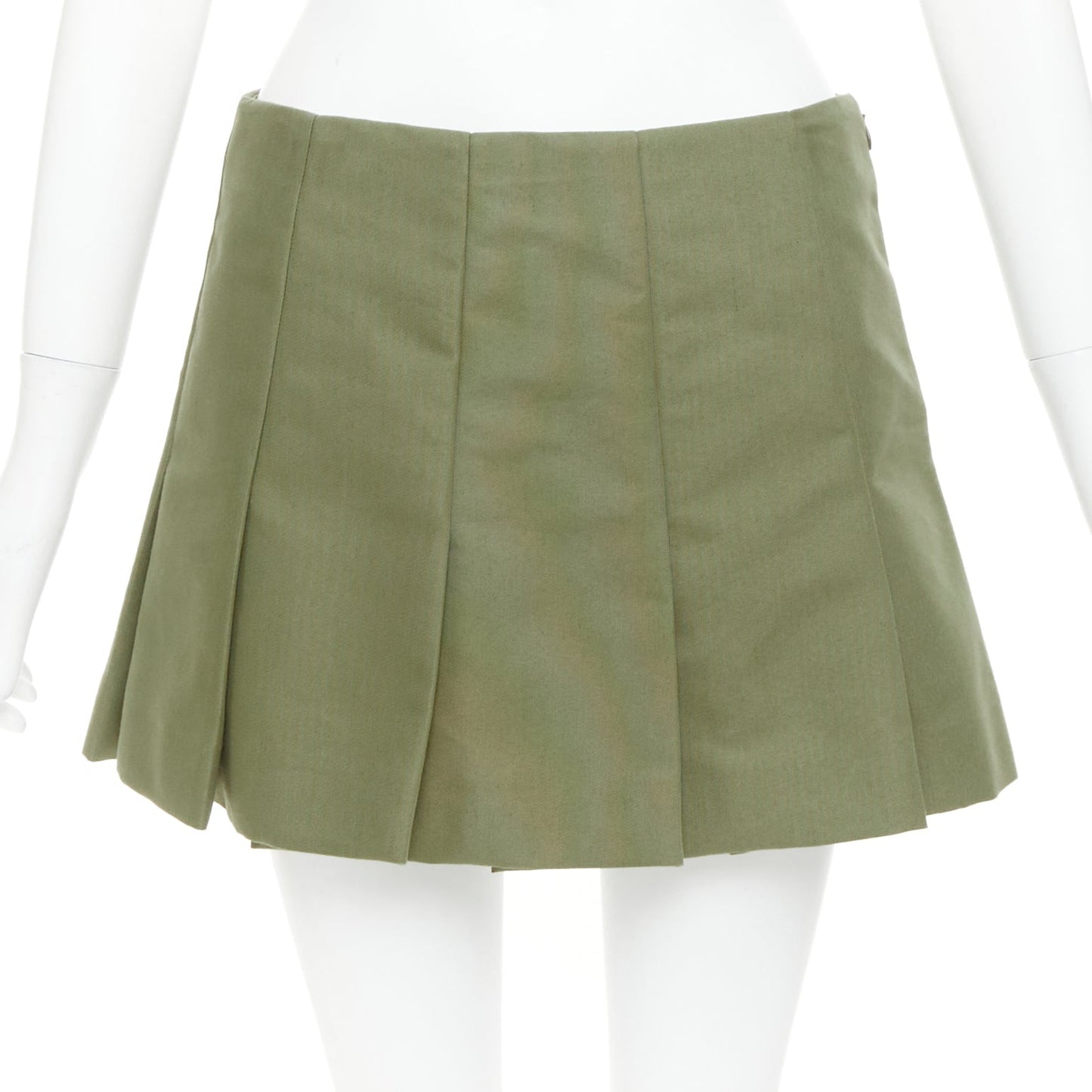 Women's Prada khaki green nylon canvas triangle logo pleated skirt