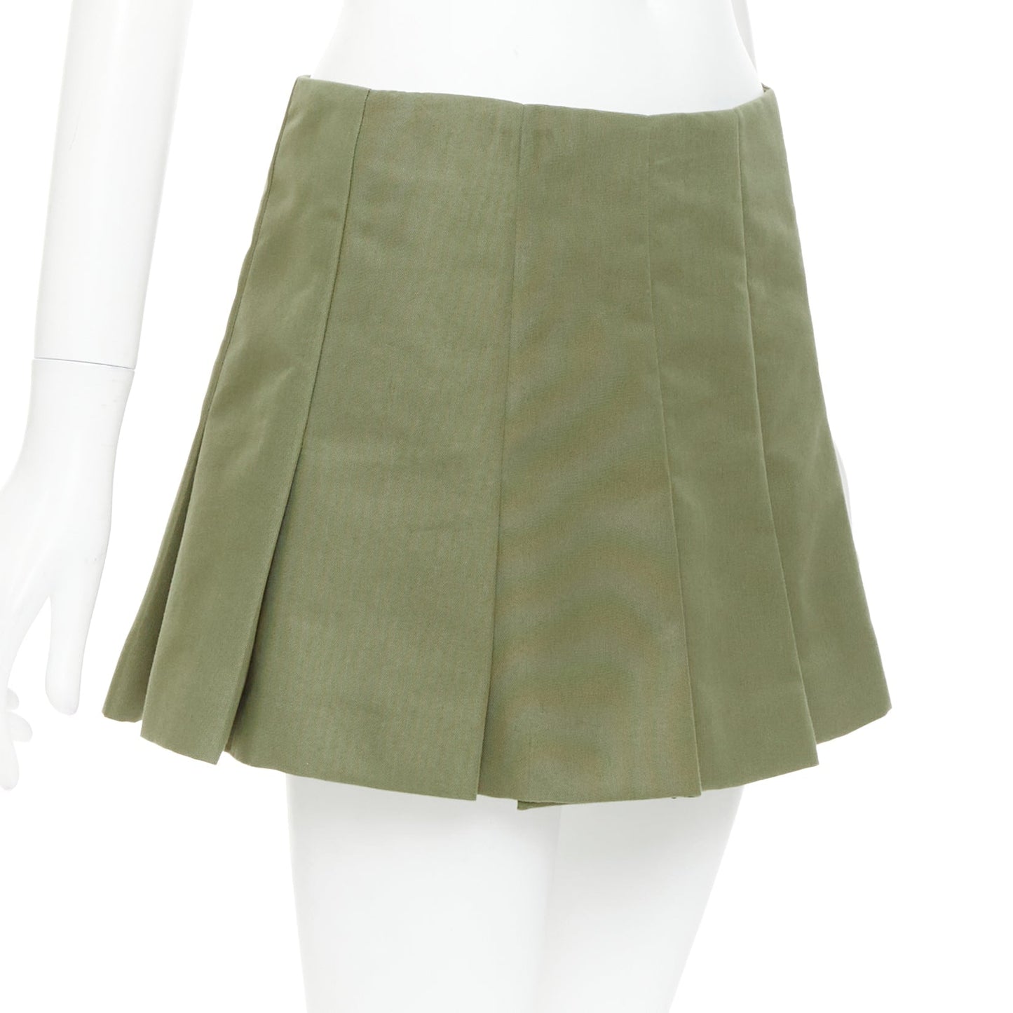 Women's Prada khaki green nylon canvas triangle logo pleated skirt