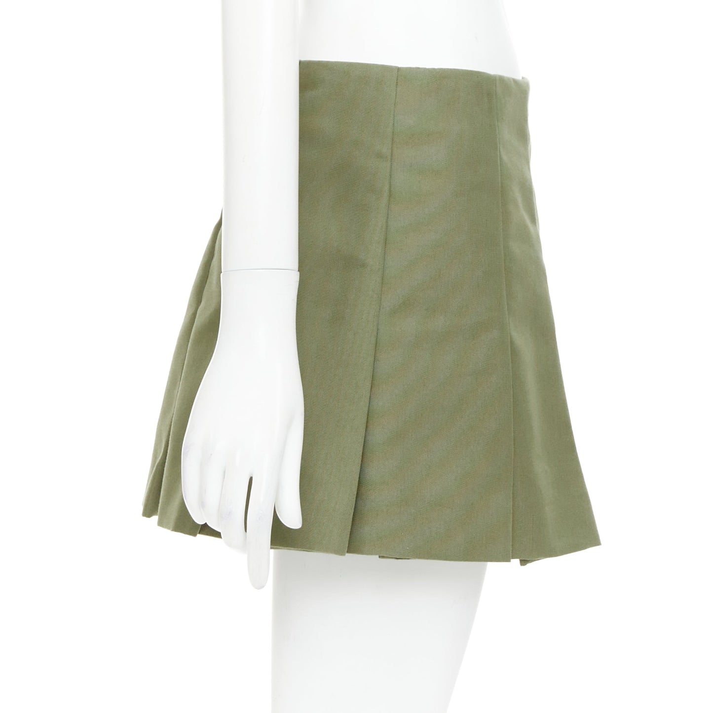 Women's Prada khaki green nylon canvas triangle logo pleated skirt