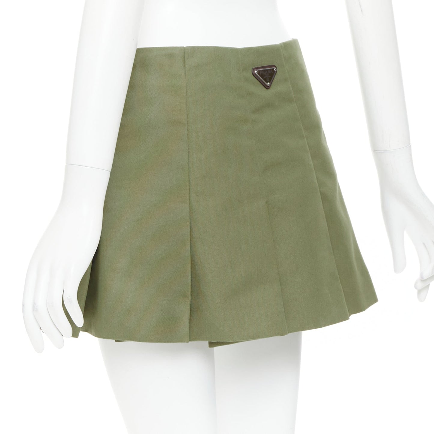 Women's Prada khaki green nylon canvas triangle logo pleated skirt