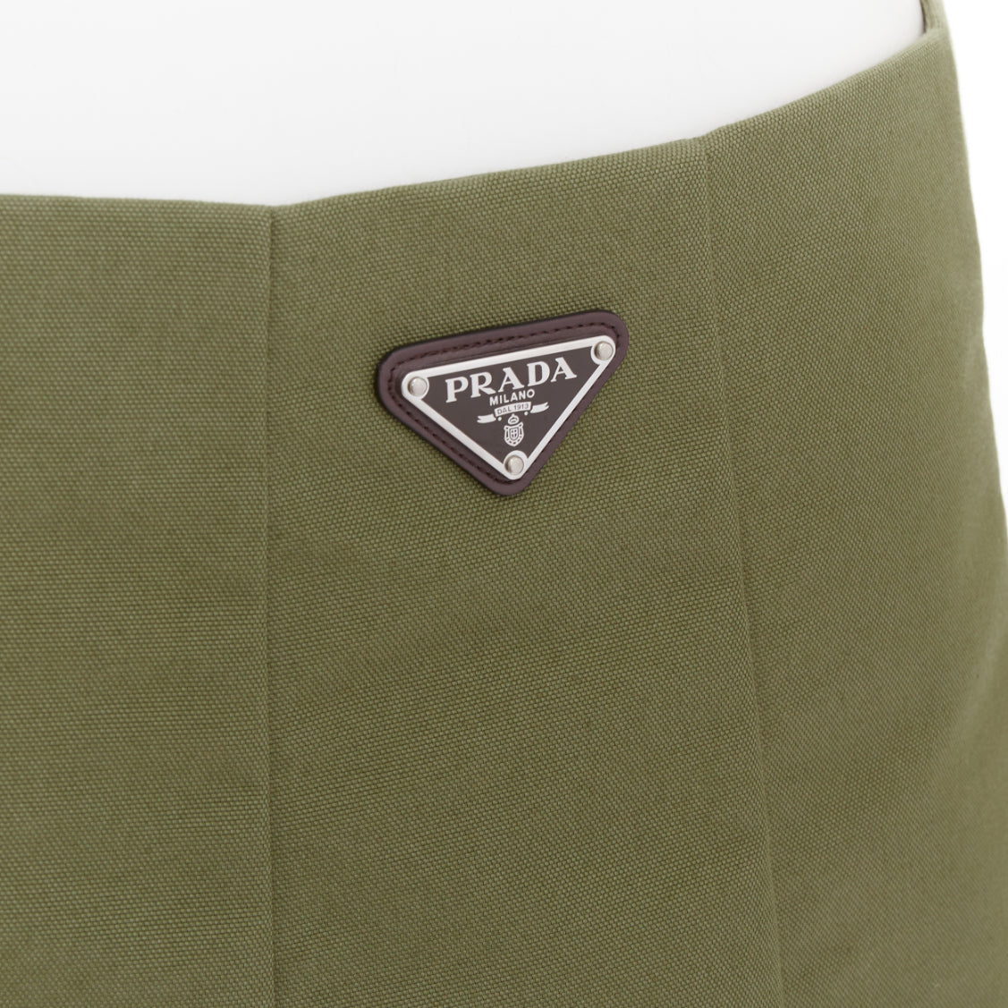 Women's Prada khaki green nylon canvas triangle logo pleated skirt