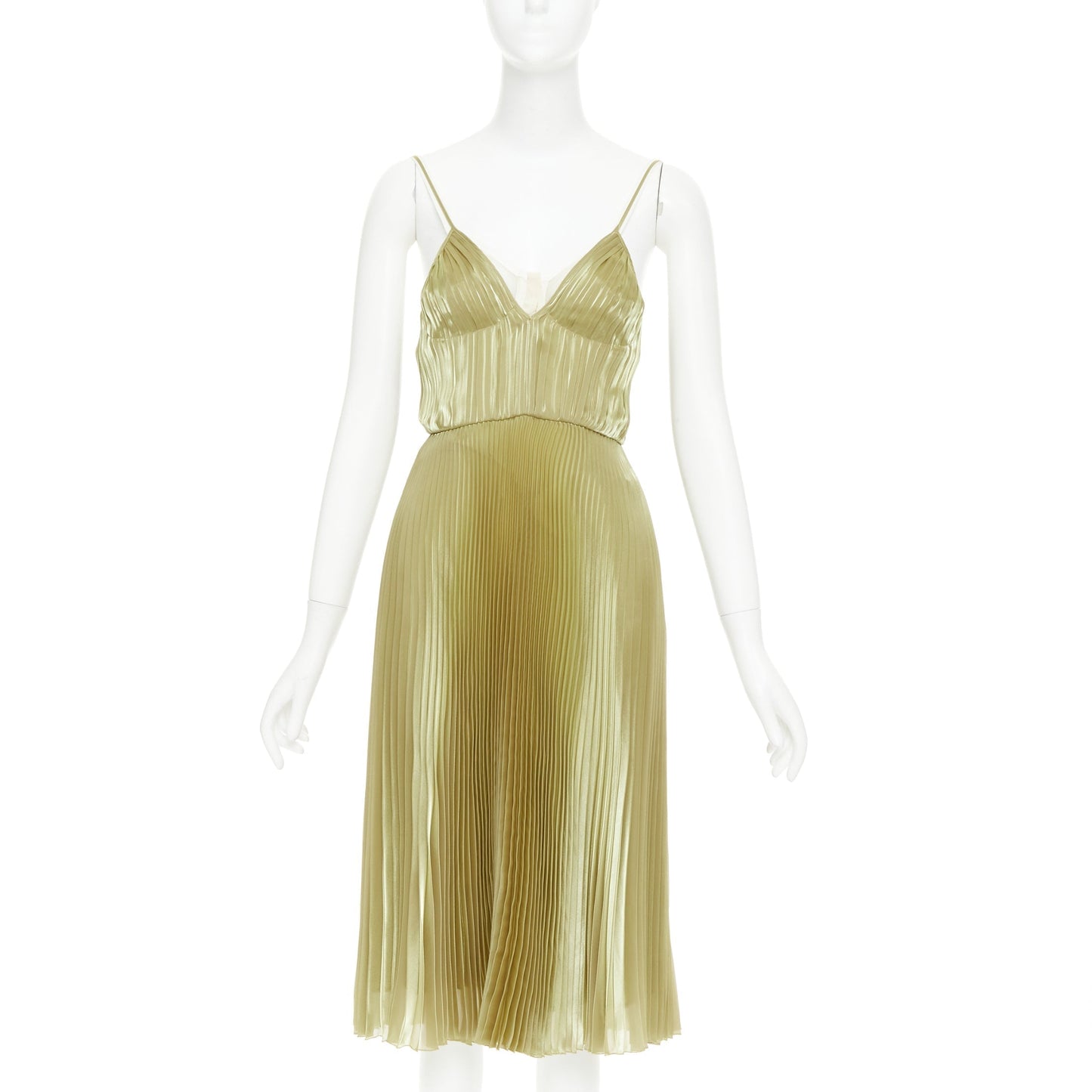Women's Prada gold technical voile bra detailed pleated silk blend dress