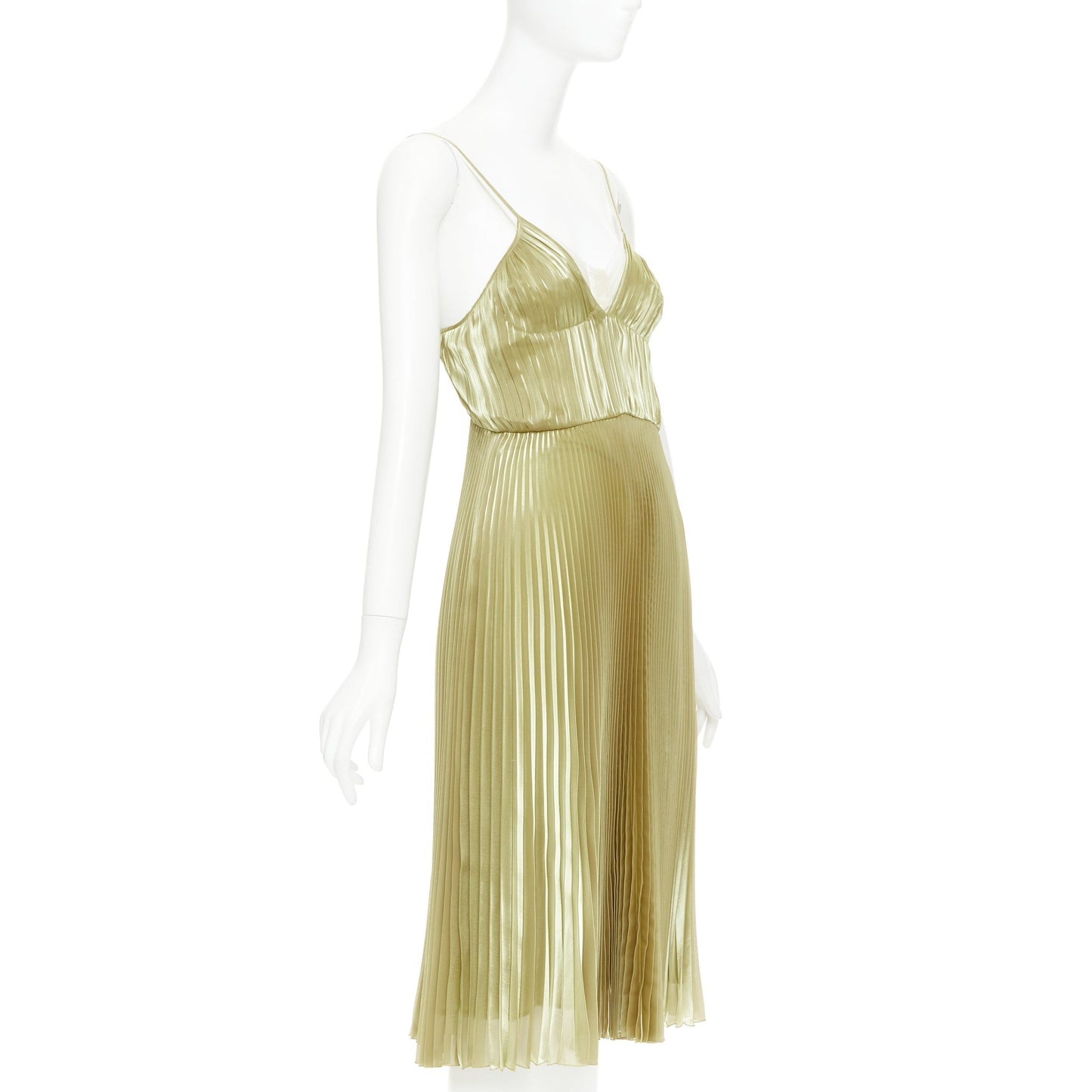 Women's Prada gold technical voile bra detailed pleated silk blend dress