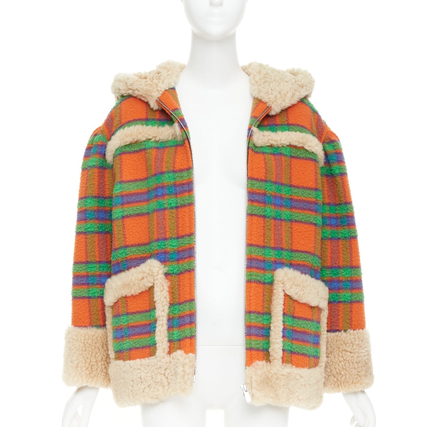 Women's Miu Miu Plaid Casentino Shearling wool sheepskin fur boxy jacket