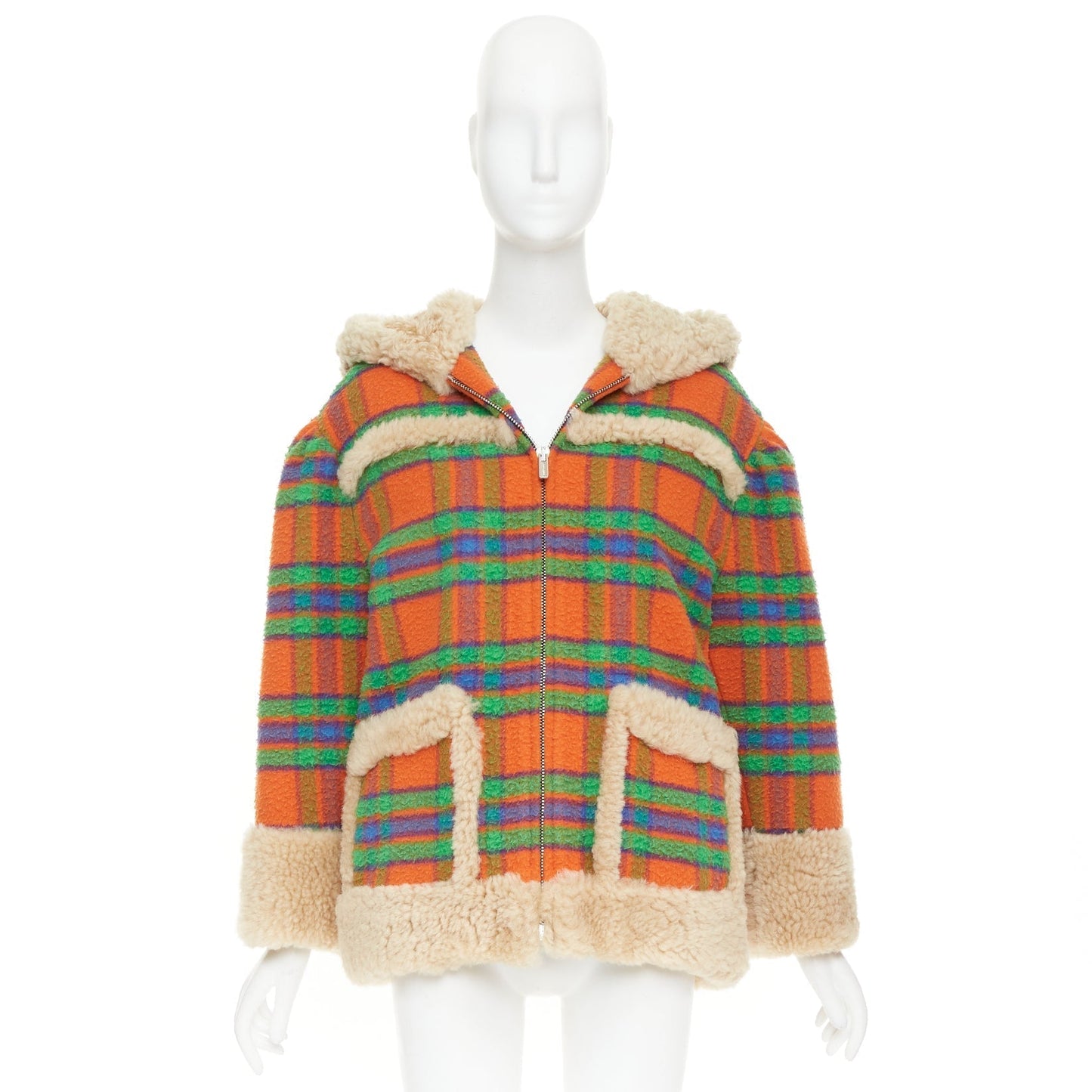 Women's Miu Miu Plaid Casentino Shearling wool sheepskin fur boxy jacket