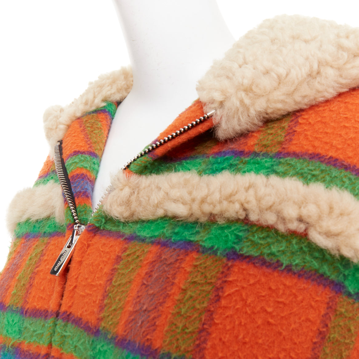 Women's Miu Miu Plaid Casentino Shearling wool sheepskin fur boxy jacket