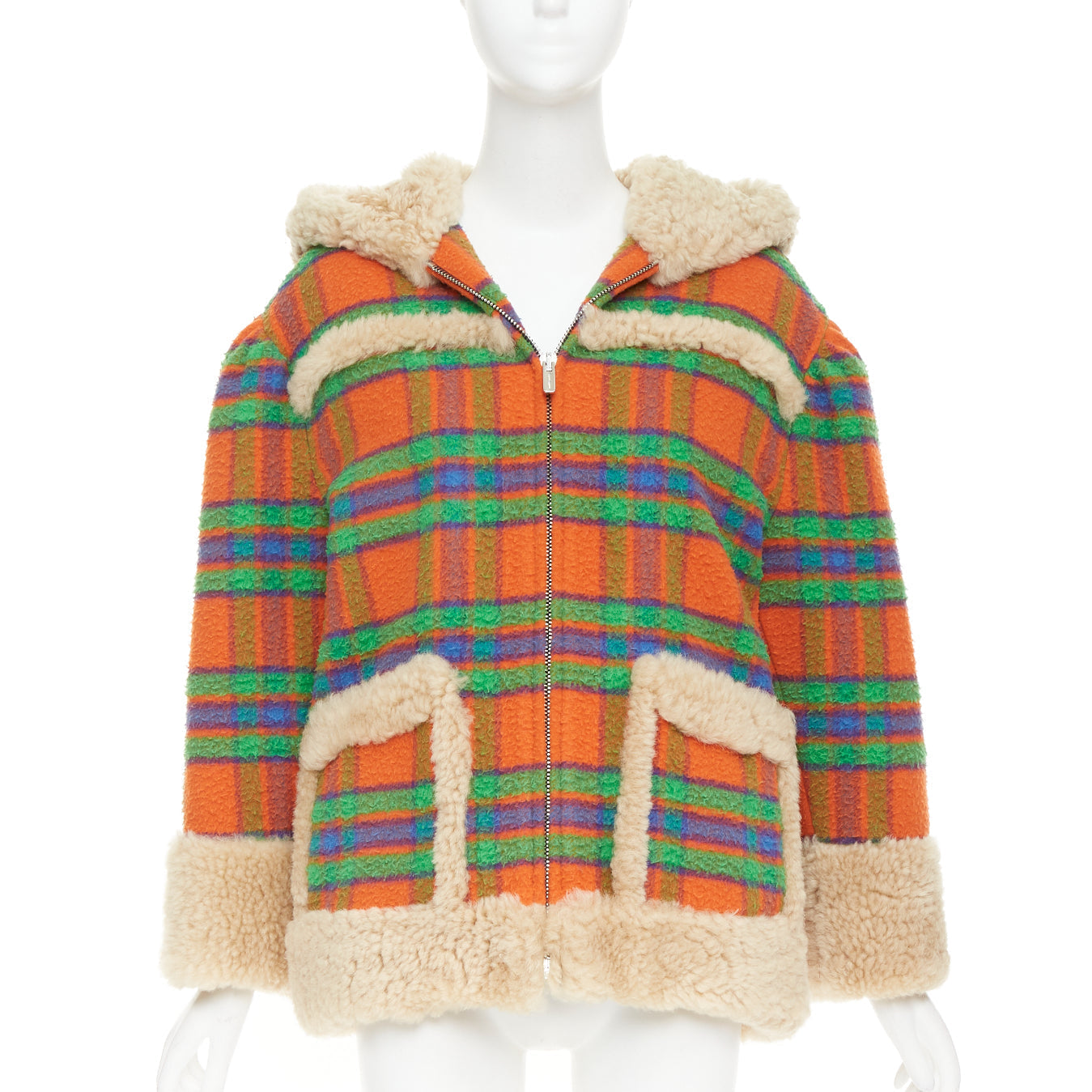 Women's Miu Miu Plaid Casentino Shearling wool sheepskin fur boxy jacket